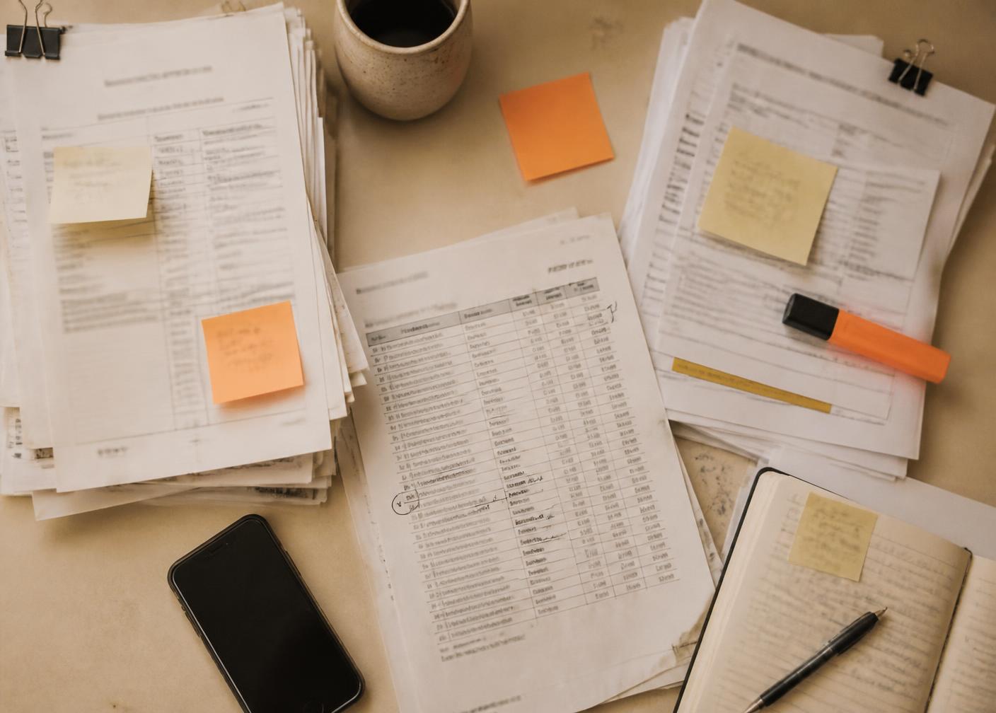 Desk covered in printed spreadsheets, sticky notes and handwritten corrections