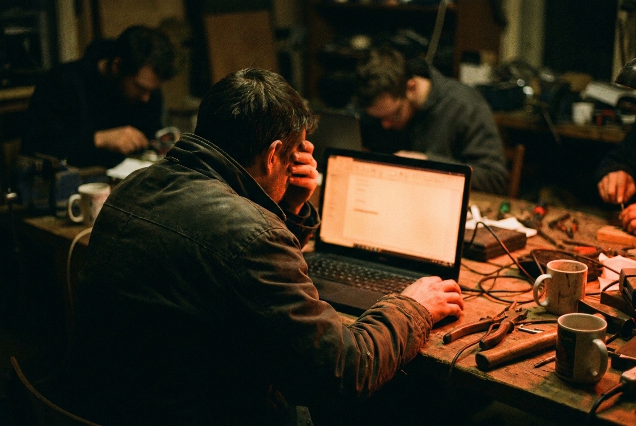 Operators building agents at a warm-lit workshop table during LEAP