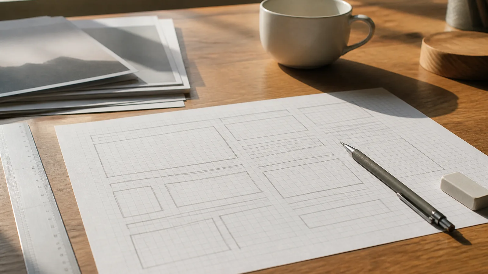 A designer's desk with hand-sketched wireframe layouts on graph paper, a pencil, a stack of cost comparison printouts face-down, and a coffee mug.