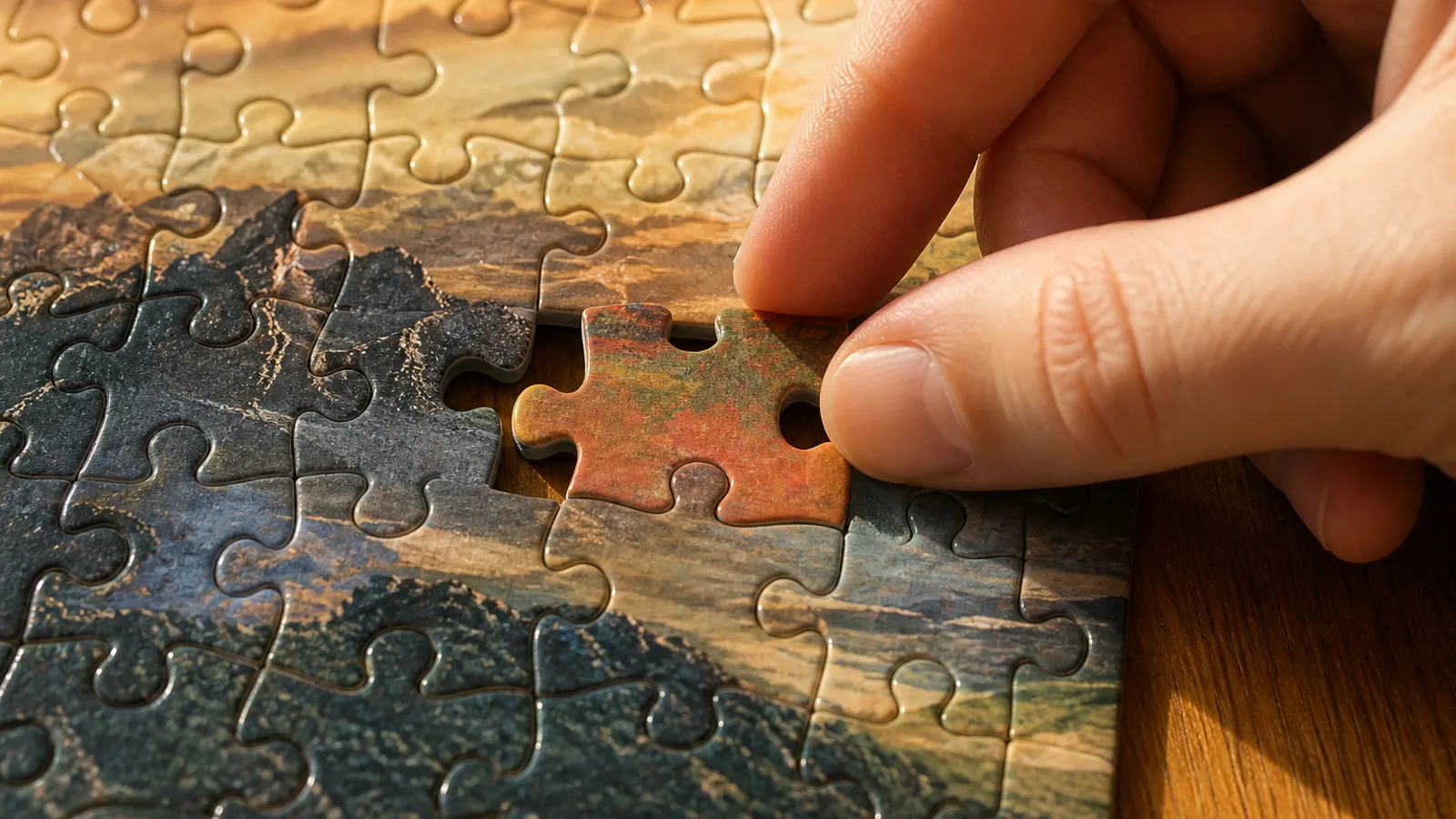 A puzzle piece being forced into a slot where it clearly does not fit, surrounded by correctly fitted pieces on a half-completed jigsaw.