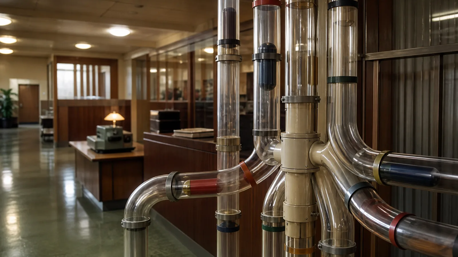 A mid-century pneumatic tube mail system in a vintage office corridor, capsules moving through glass tubes routed to different departments.