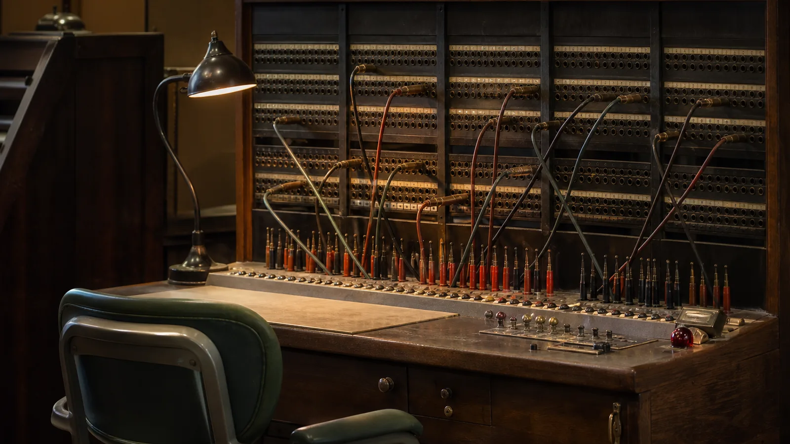 A vintage telephone switchboard operator's station with cables plugged into ports, routing calls across a dense panel of jacks.