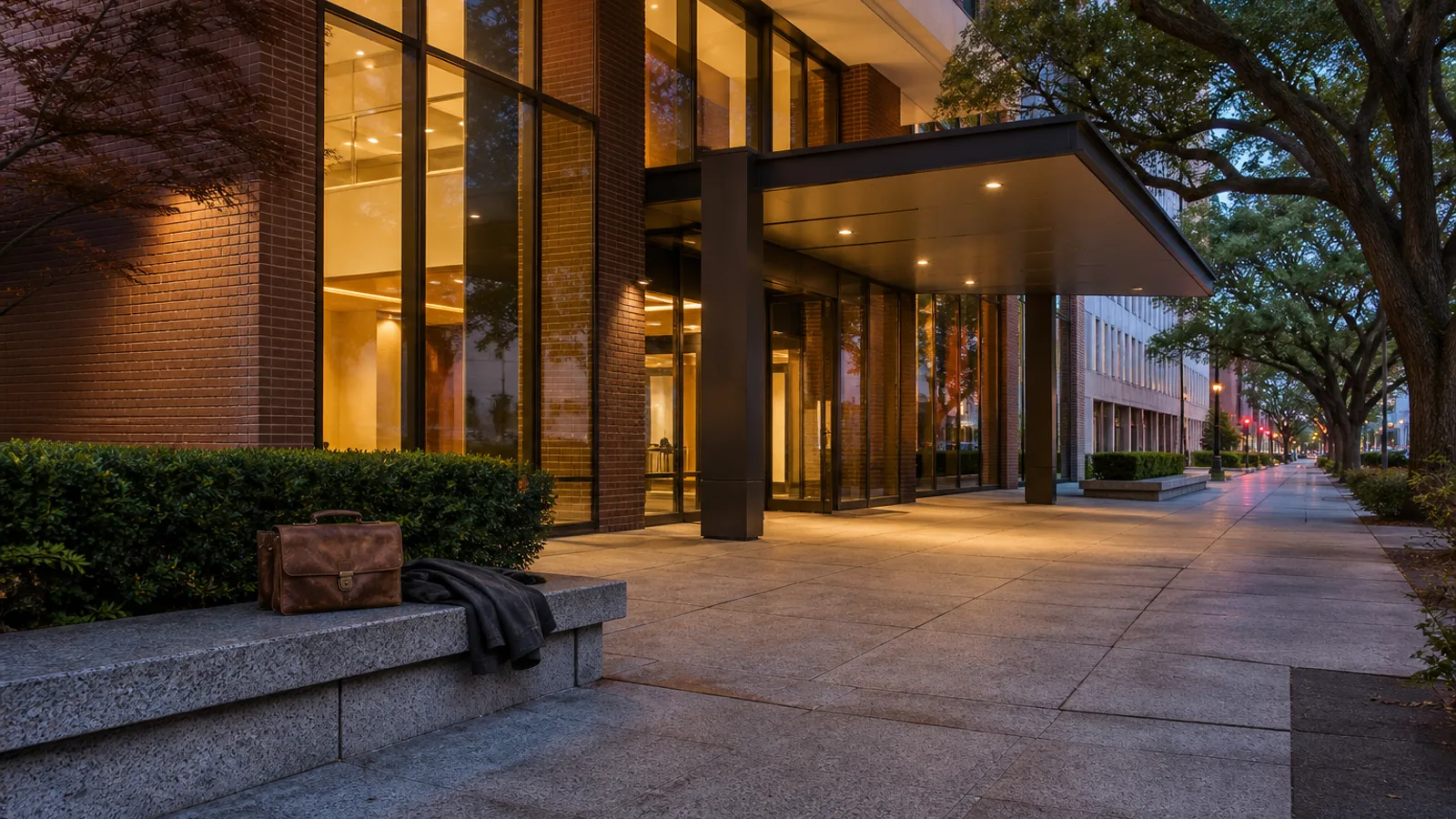 A leather consultant's briefcase resting on a bench outside a glass-fronted office building in downtown Raleigh at early evening, warm lobby light spilling outside.