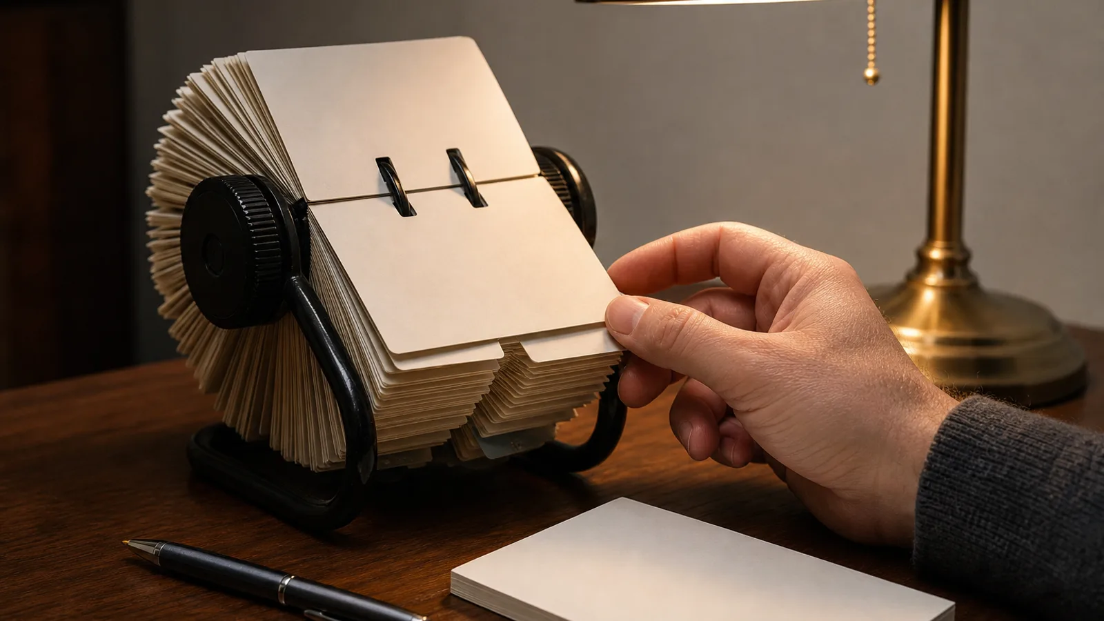 A Rolodex on an organized business desk, fanned open to a specific section, a hand reaching for one contact card.