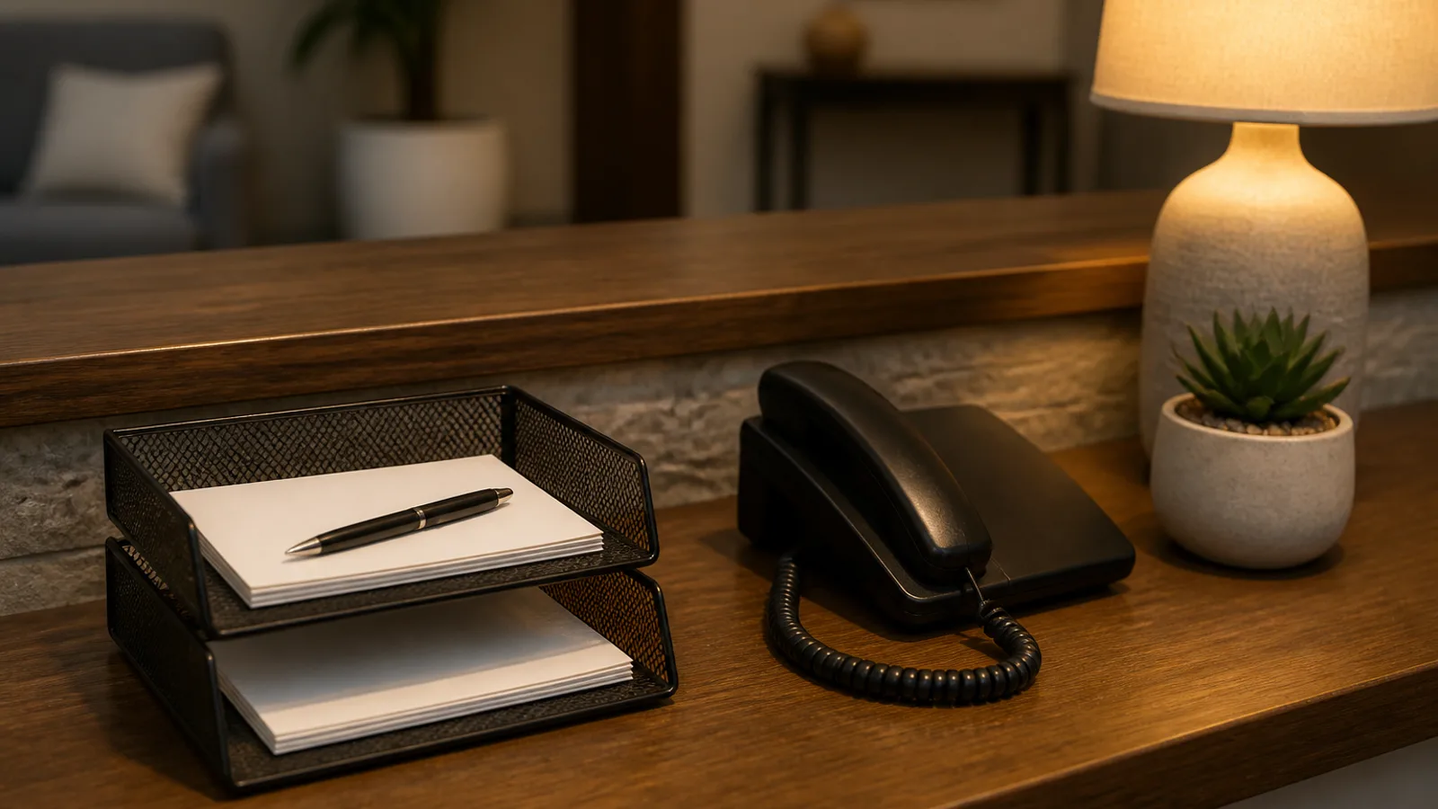 A small business front desk with a neatly sorted inbox tray, a handwritten note on top, and a pen ready, warm interior light.