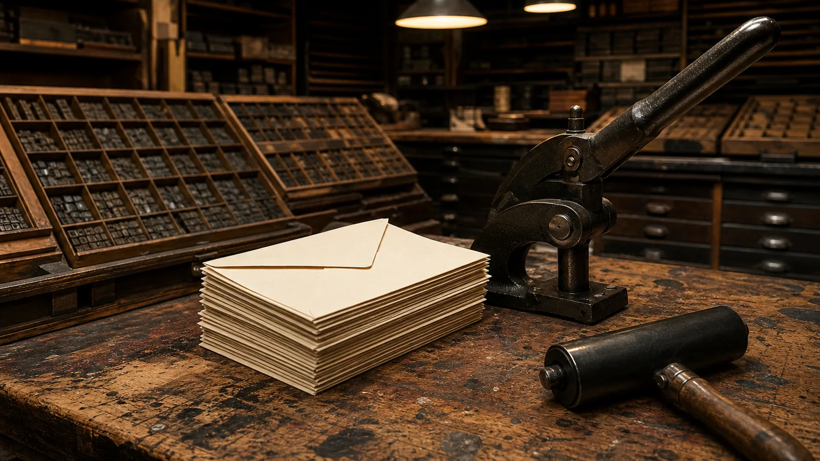A vintage letter-press printing table with sorted type blocks and a stack of freshly printed envelopes, warm industrial workshop light.