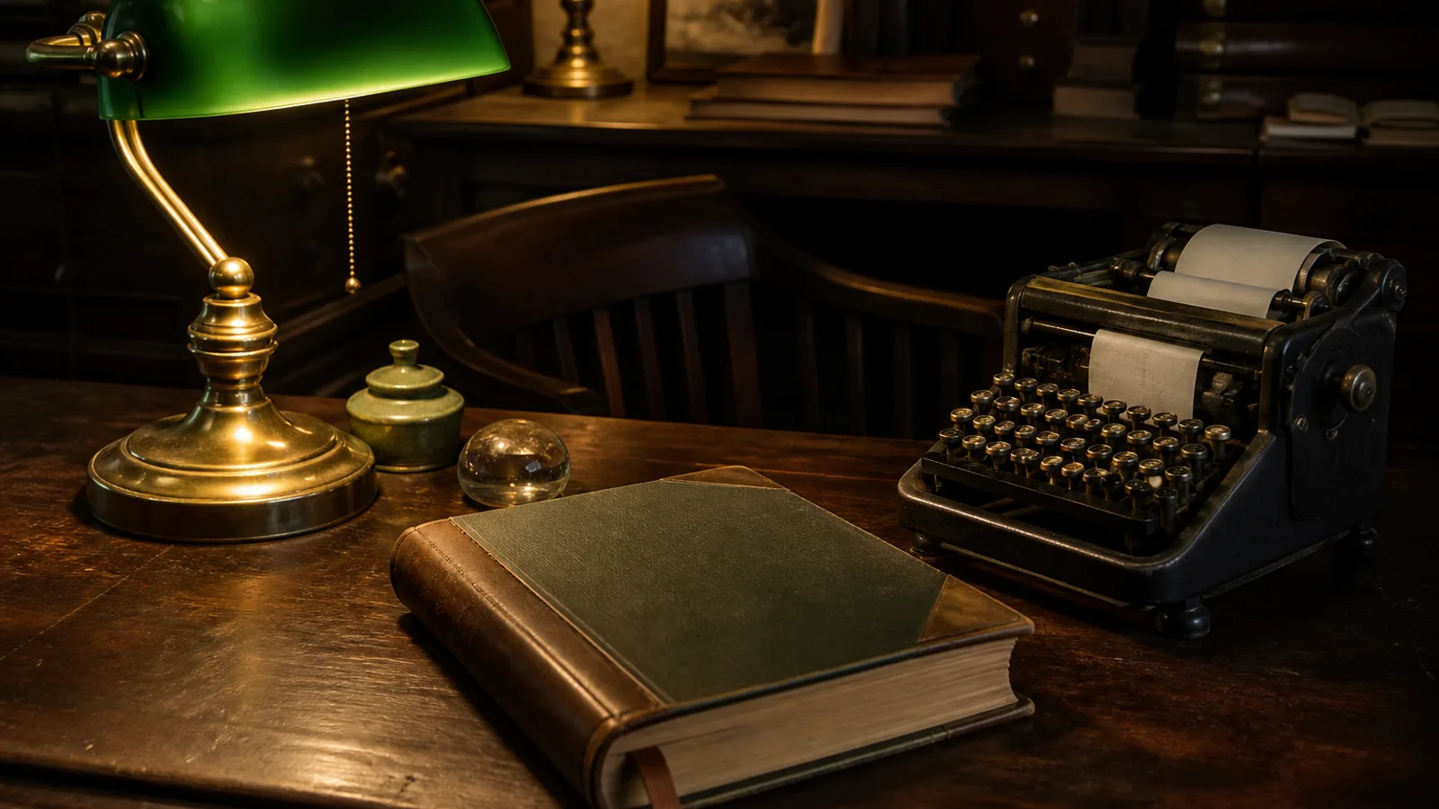 A green-shaded accountant's desk lamp illuminating a closed ledger book and an adding machine on a dark wooden desk.