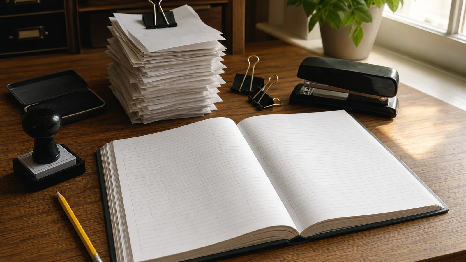 A stack of receipts organized with paper clips beside an open blank-page ledger book and a rubber stamp on a small business desk.