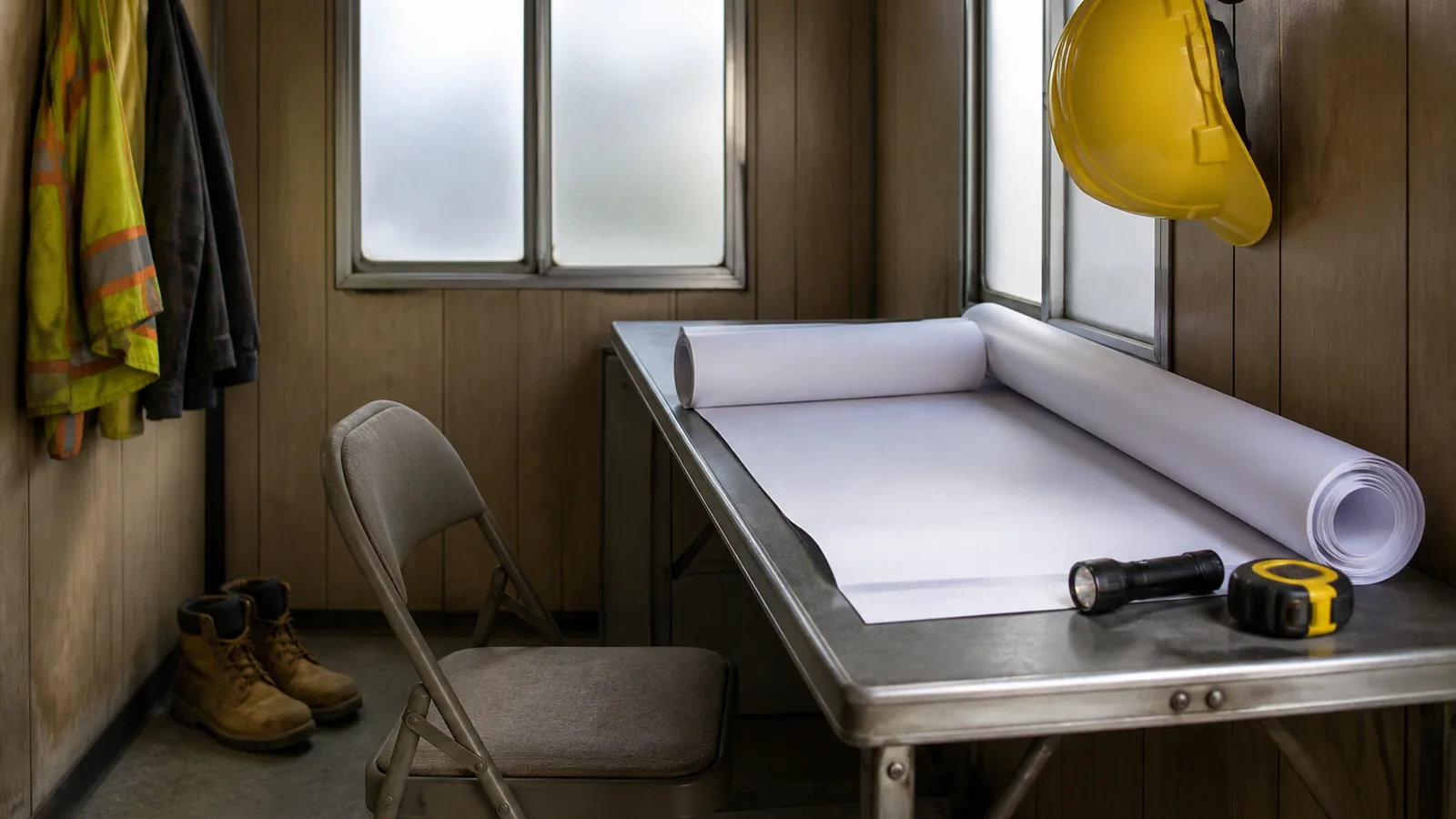 Inside a construction site trailer with blueprints spread across a fold-out desk, a hard hat on a hook, work boots on the floor.