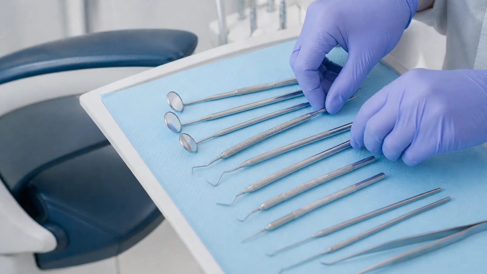 Gloved hands arranging precision dental instruments on a sterile tray in a clinical procedure room, cool operatory light overhead.