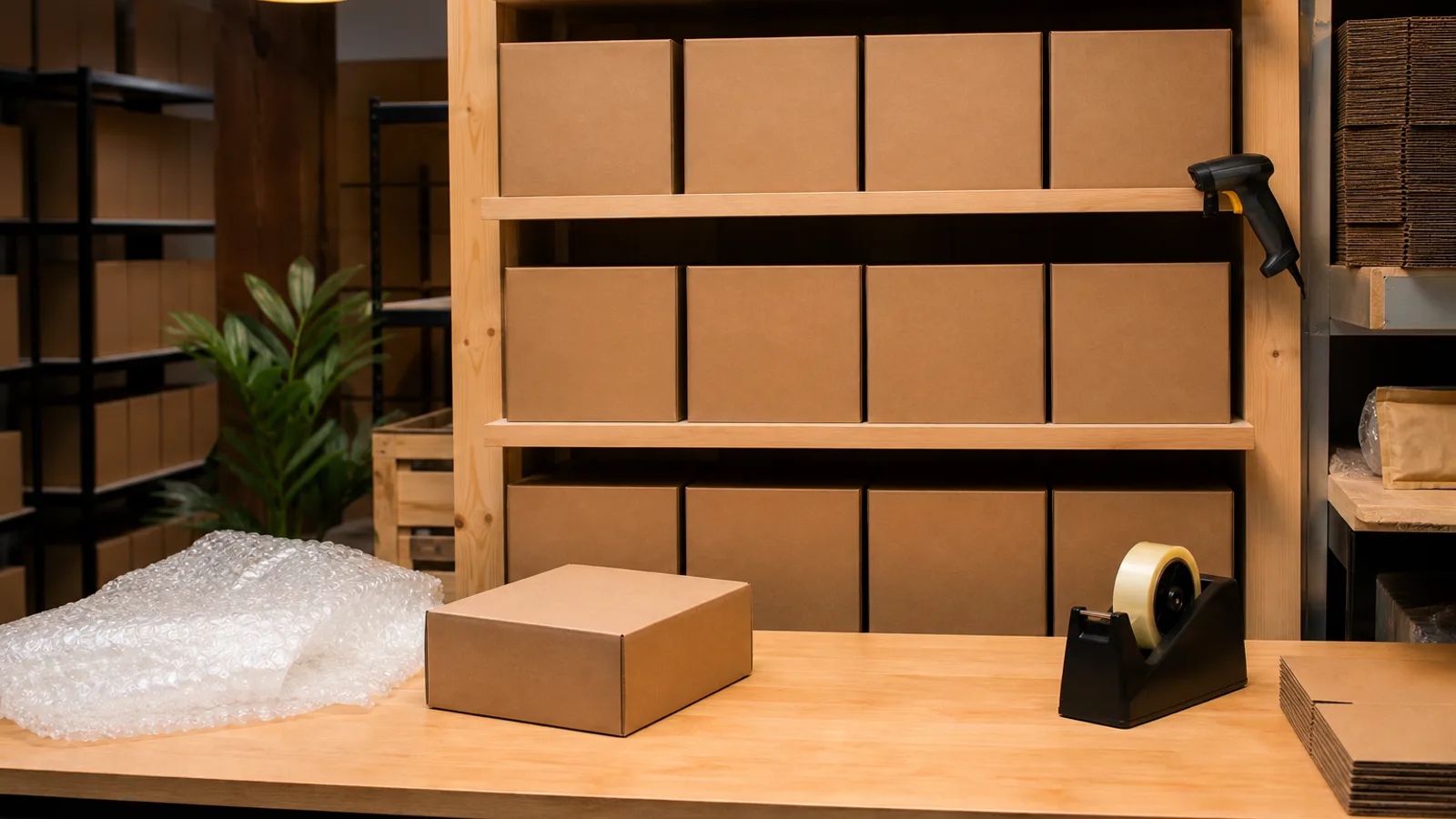 A packing station in a fulfillment warehouse with neatly stacked product boxes on shelves and a barcode scanner resting on a shelf edge.