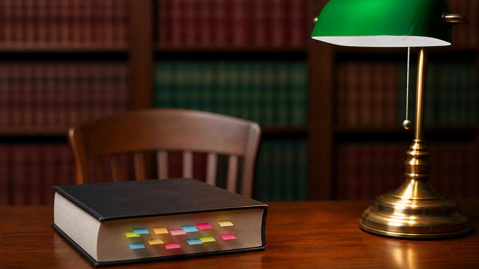 A law library wall of leather-bound volumes with a single brief on a desk below, marked with colored tabs, a brass lamp illuminating the workspace.