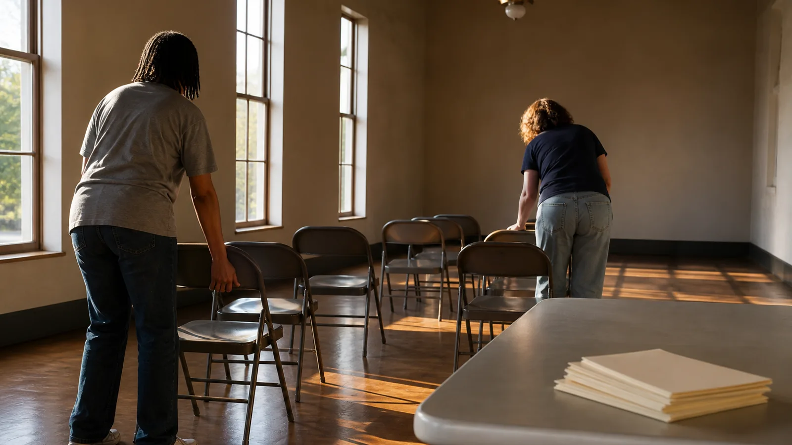 Volunteers setting up folding chairs in a Durham community hall for a workshop, afternoon light through tall windows, backs to camera.