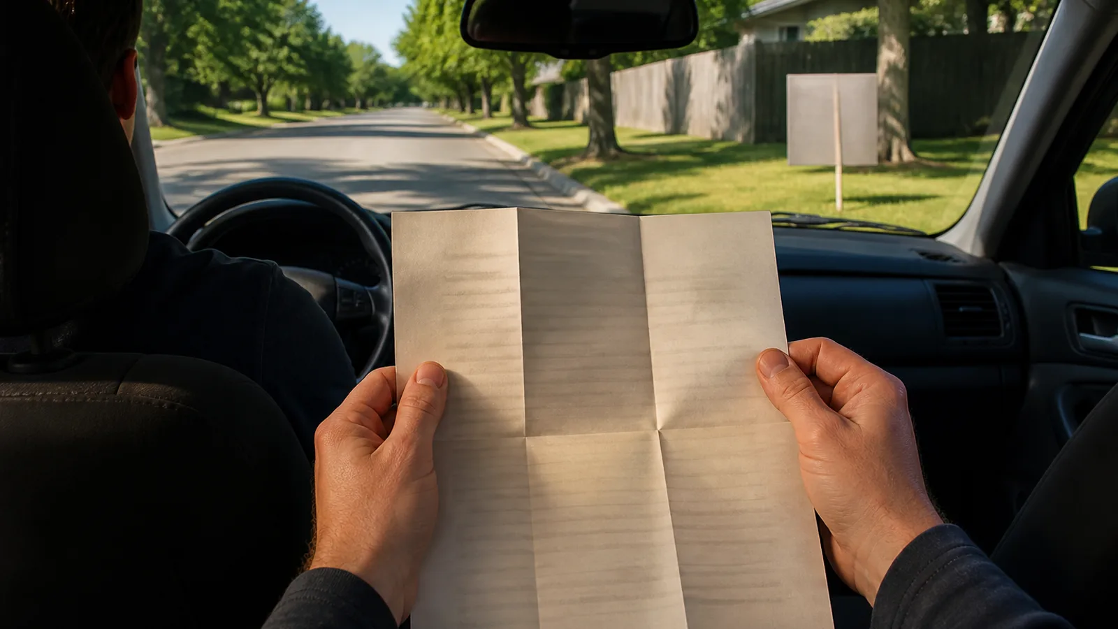 A real estate agent's view from inside a car, a printed neighborhood map spread on the steering wheel, a For Sale sign visible through the windshield on a sunny street.