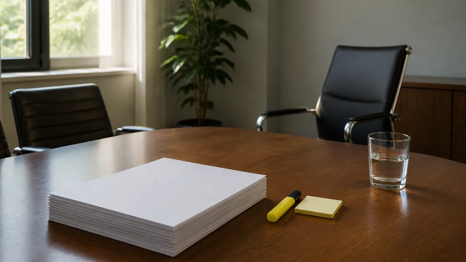 A stack of résumés face-down on a conference table beside a highlighter and sticky notes, an empty interview chair visible across the table.