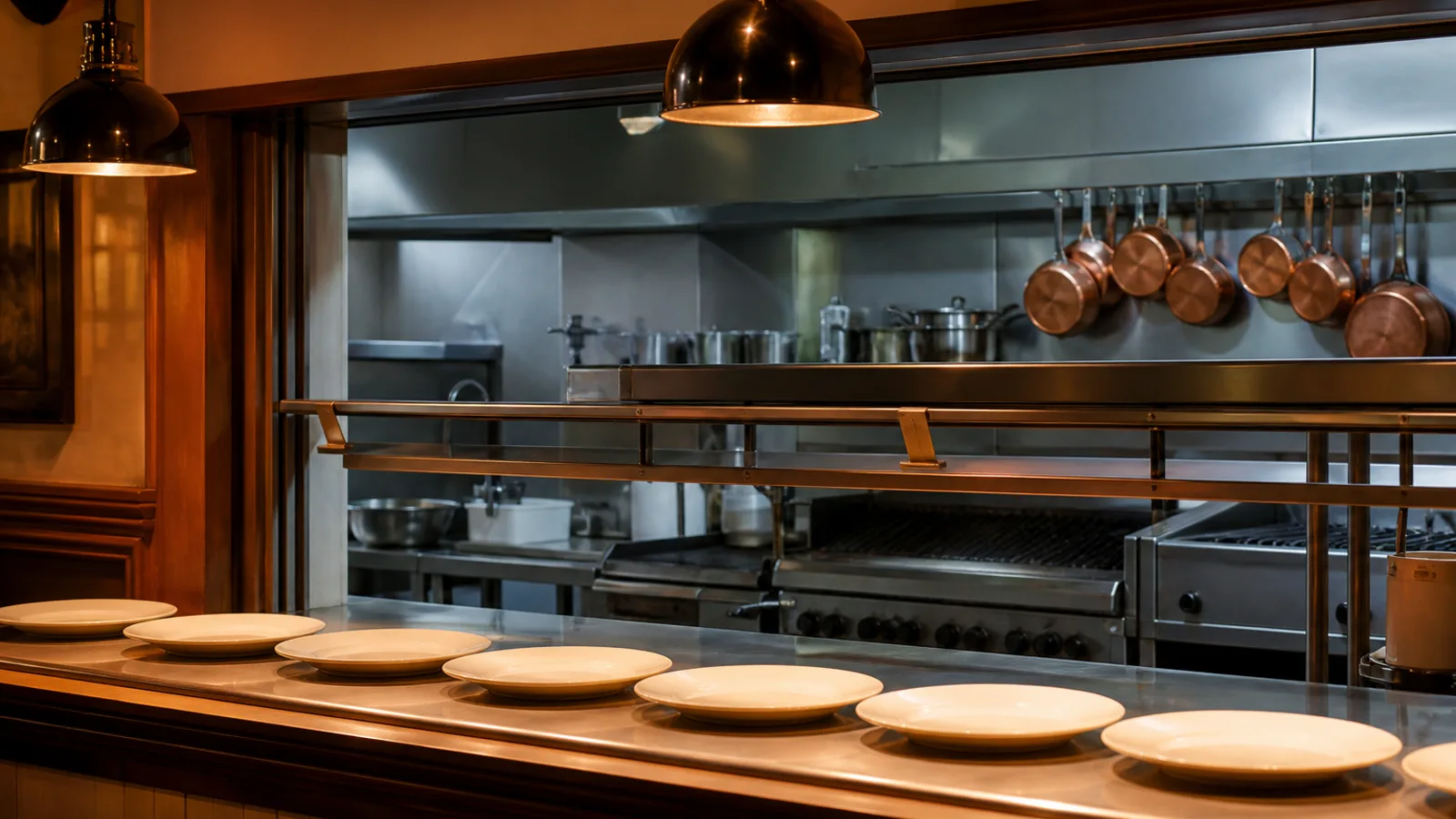 A restaurant kitchen pass-through window with a row of empty white plates staged for service, industrial kitchen visible in the background.