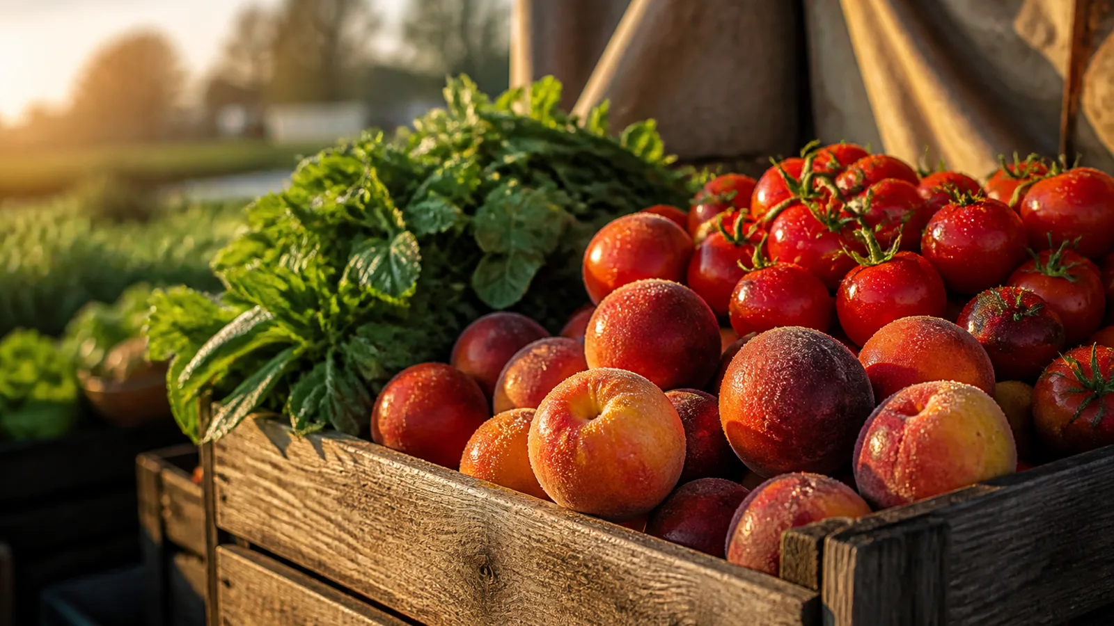 A wooden crate of peaches, tomatoes, and greens at a dawn market stall — a small local business before the street fills.