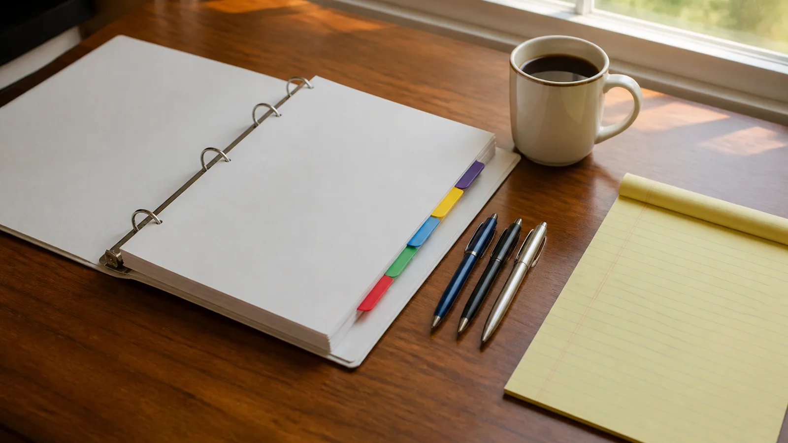 A grant application binder open on a wooden desk with colorful section tabs, a coffee mug, and colored markup pens, pages turned away from camera.
