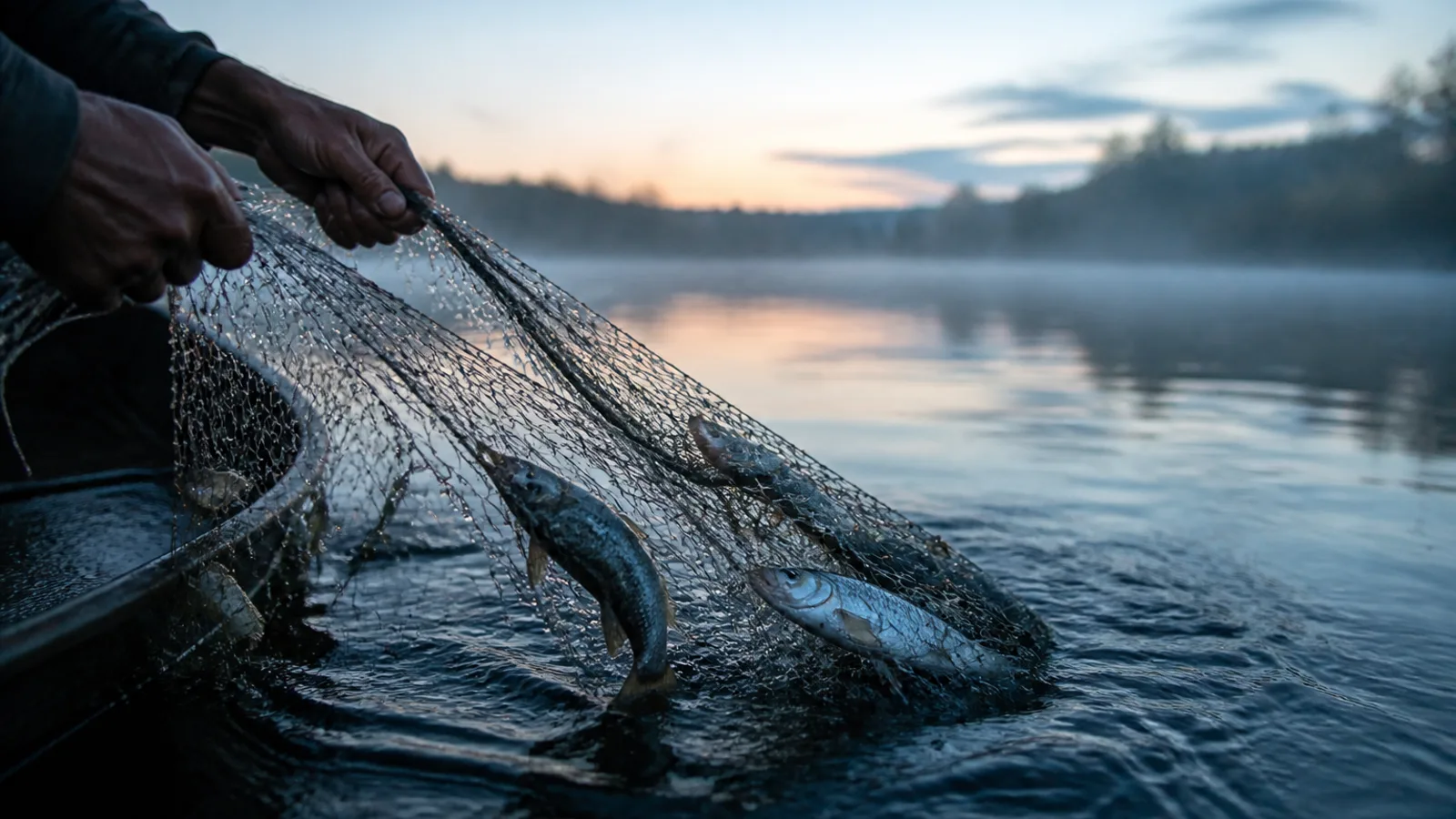 A small fishing net being drawn from still water at dawn, silvery fish caught in the mesh, soft morning mist rising from the surface.