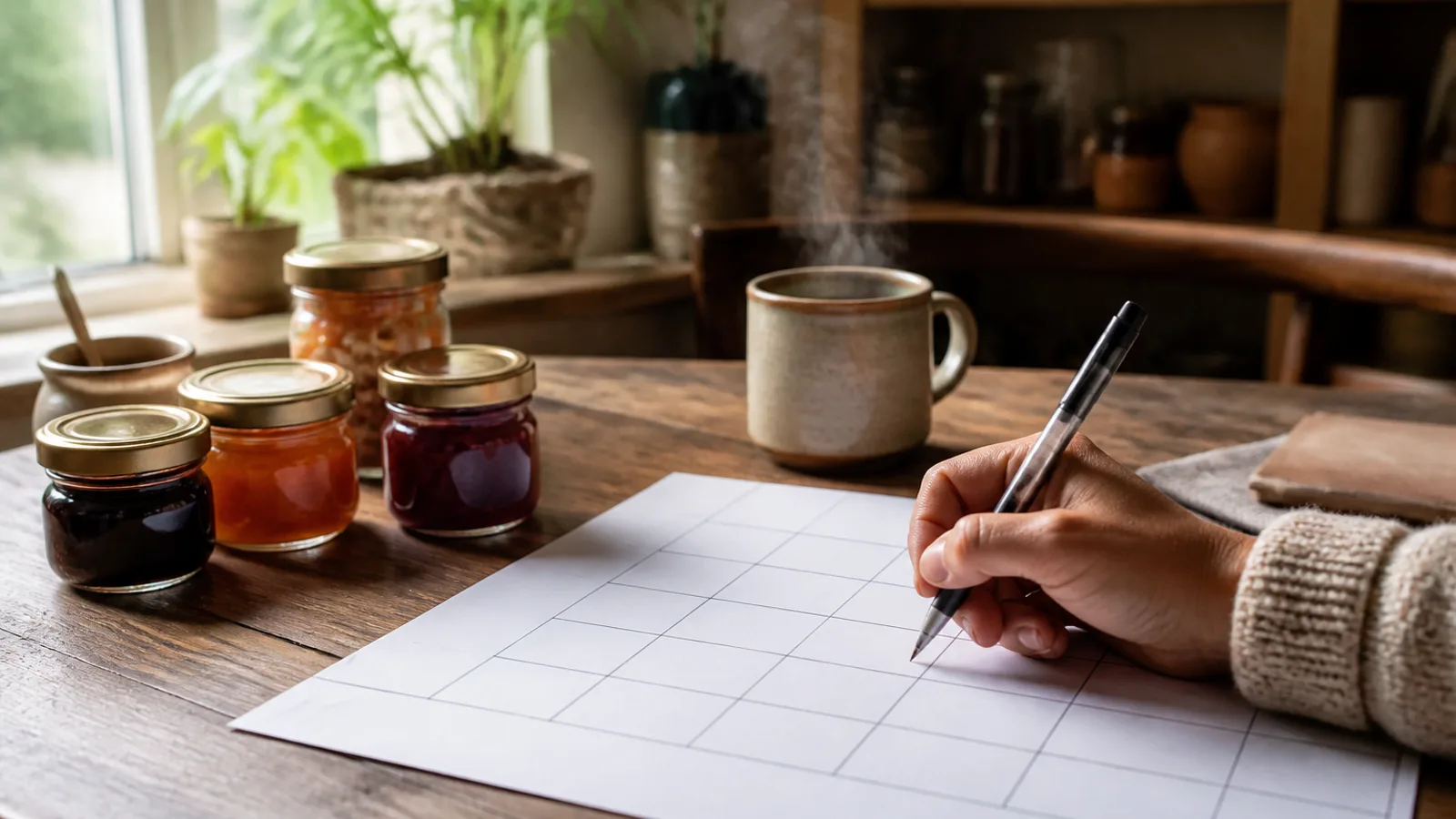 A small business owner's hand writing on a planning calendar on a wooden table, product samples nearby, morning coffee visible at the frame edge.