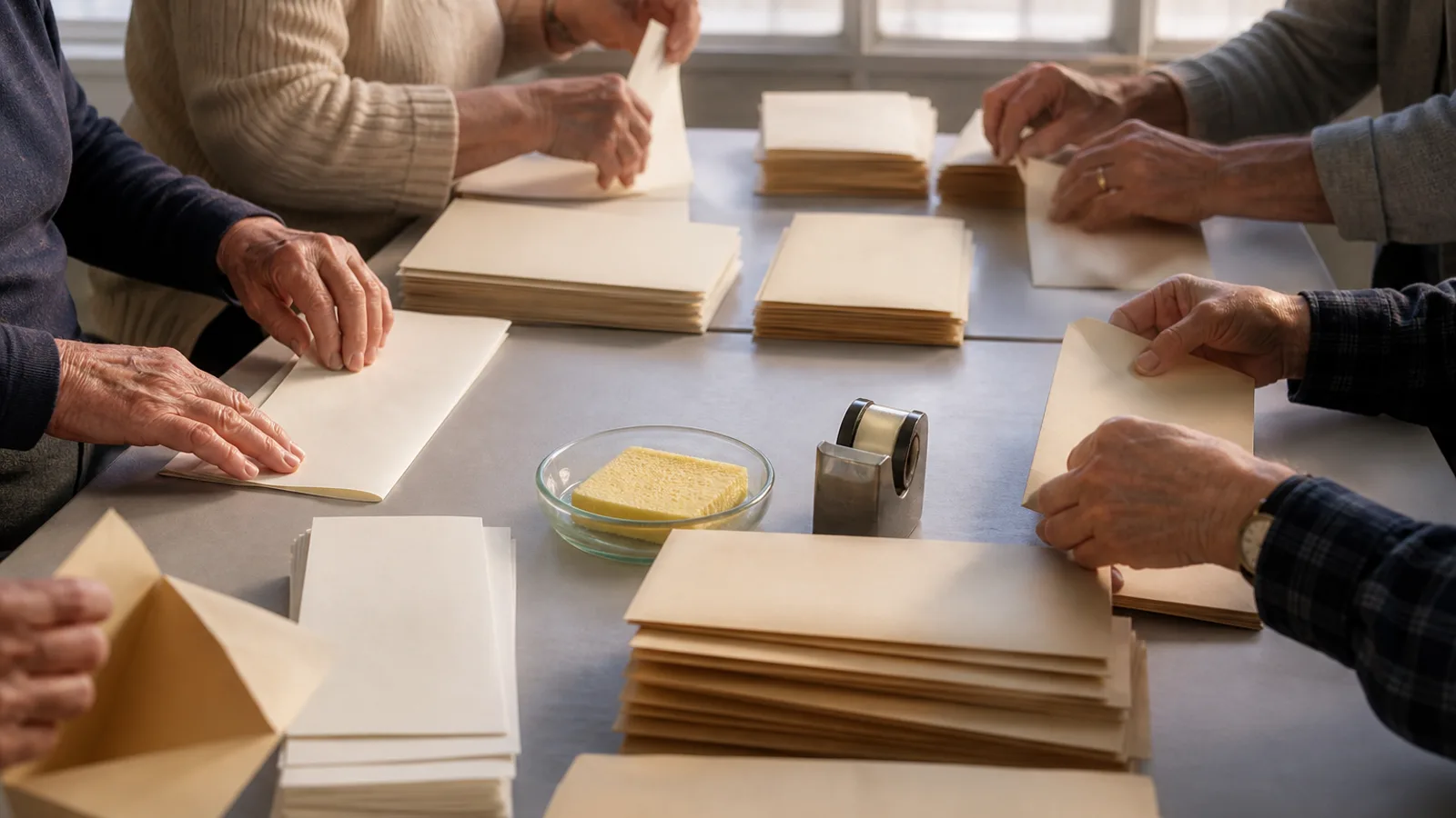 Hands folding community newsletters at a long table in a church hall, stacks of envelopes ready to be stuffed, afternoon light through tall windows.