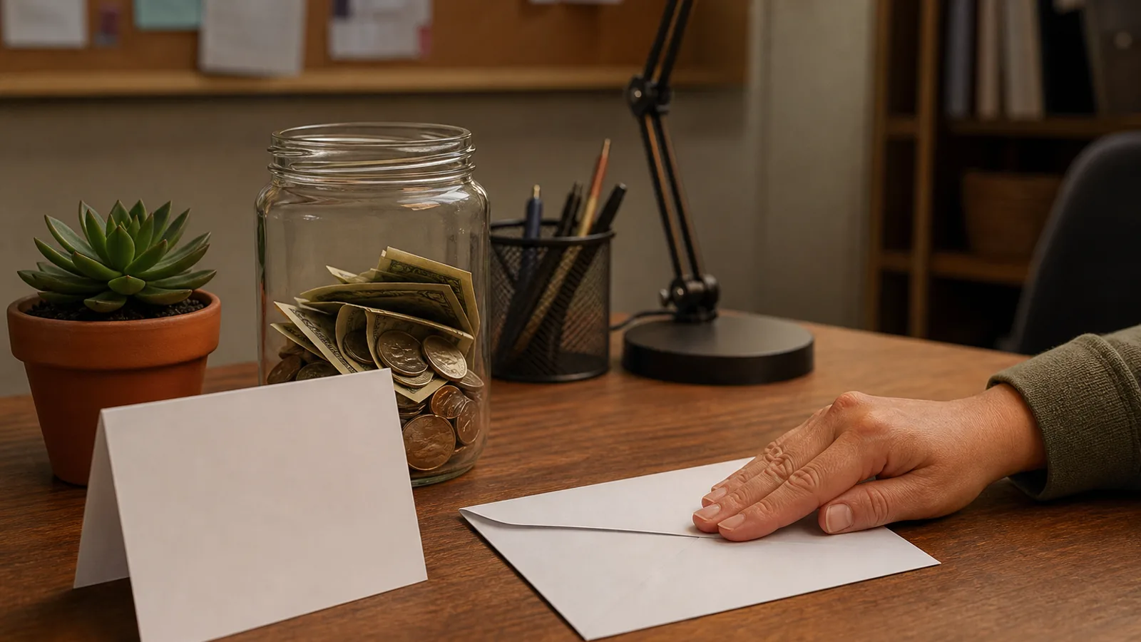 A glass donation jar on a small nonprofit office desk beside a handwritten thank-you card being folded and sealed, warm interior light.