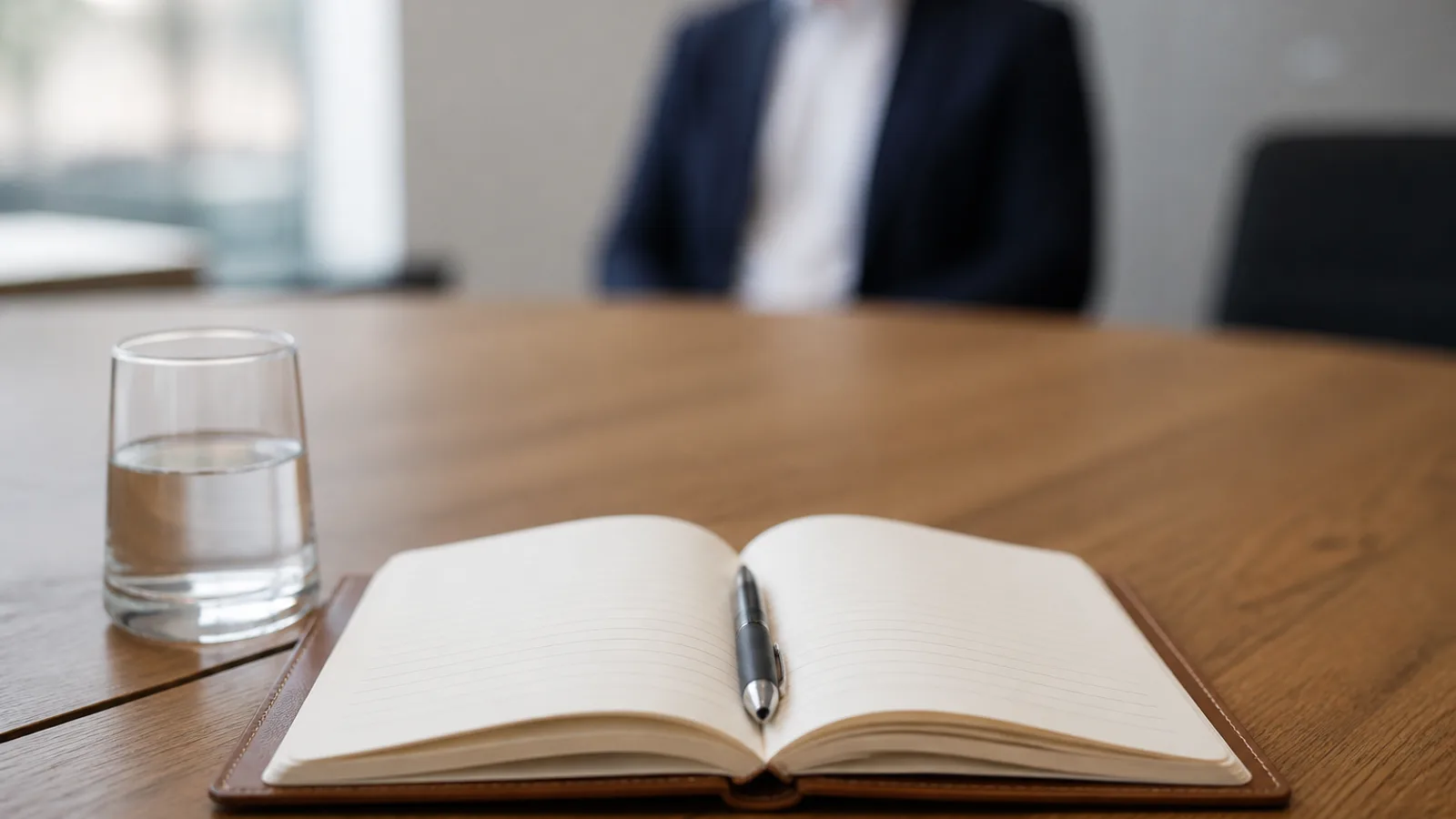 A leather-bound notebook open to blank ruled pages on a conference table, a pen resting across it, a second person blurred in the background.
