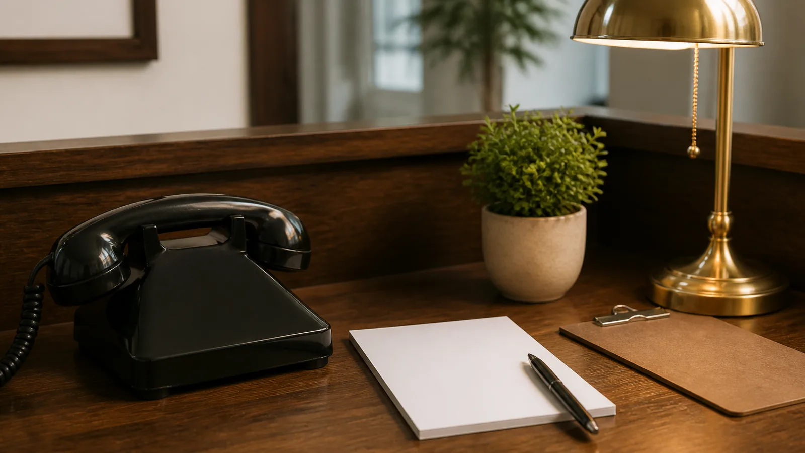A classic rotary telephone on a small business reception desk with a blank message pad and pen beside it, warm lobby light.