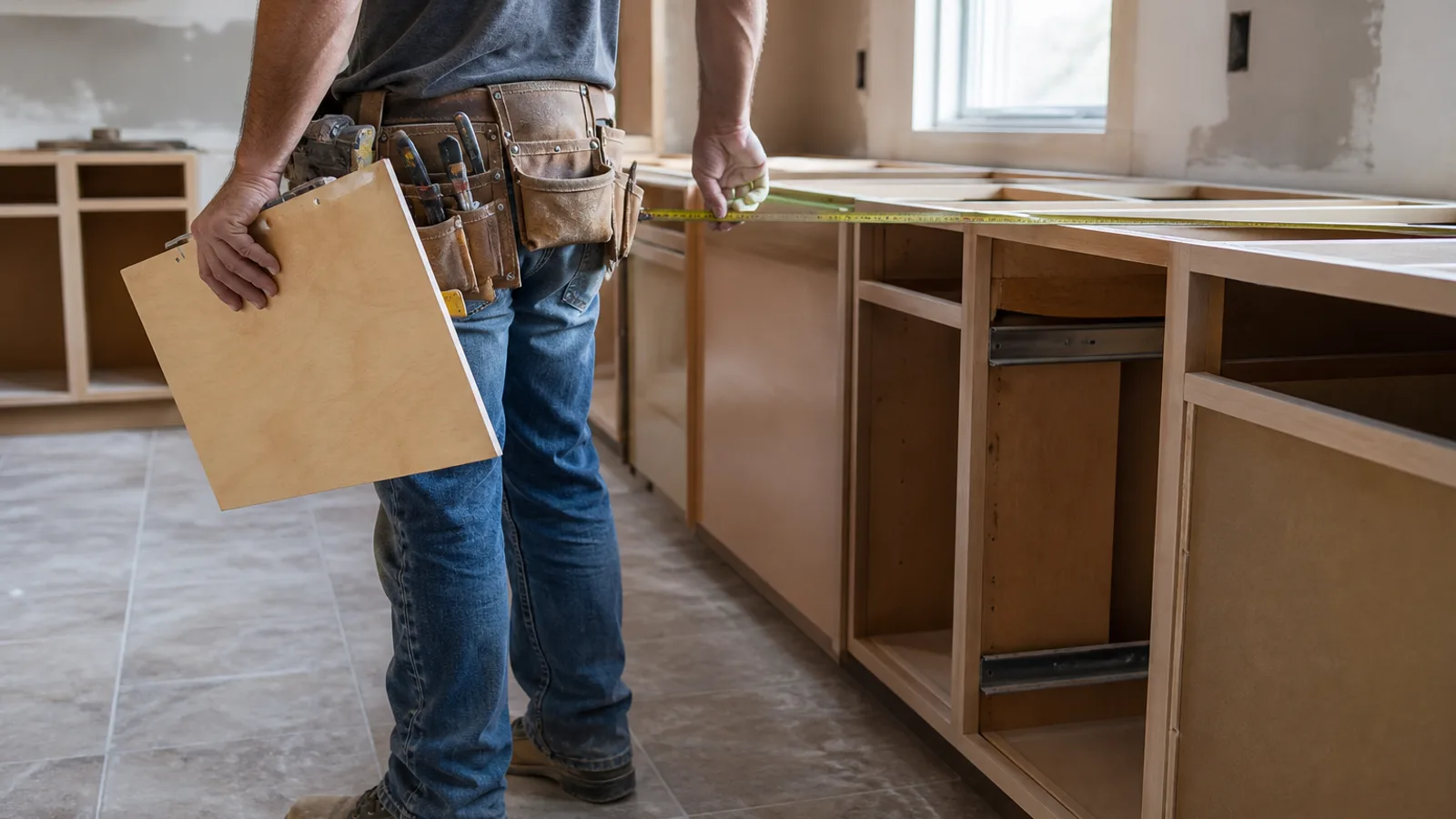 A contractor’s measuring tape across a cabinet run, clipboard turned away — quoting from the job, not a guess.