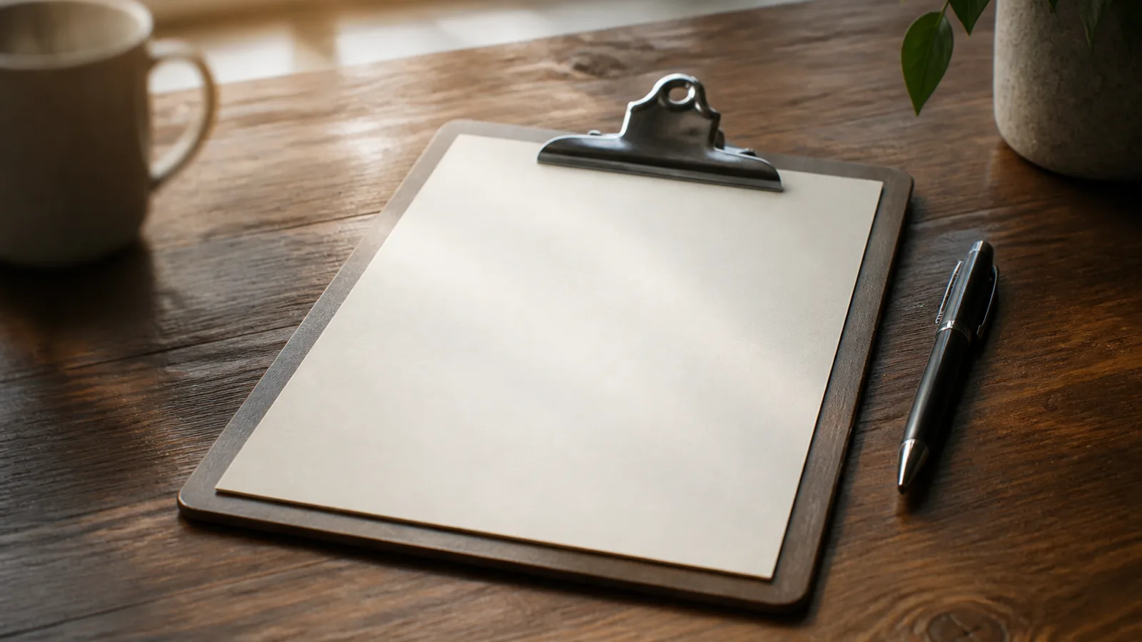 A clipboard with a completely blank sheet of cream paper on a morning desk — a scorecard that has not been filled yet.