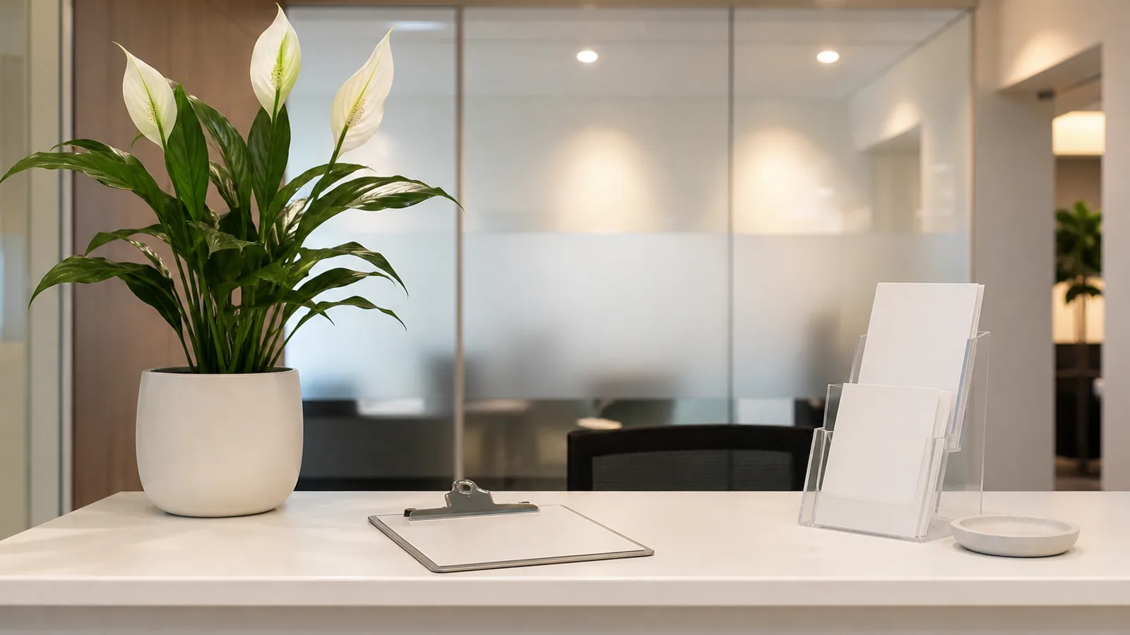 A modern small business reception counter with a blank sign-in sheet, a small potted plant, and frosted glass office partitions behind it.