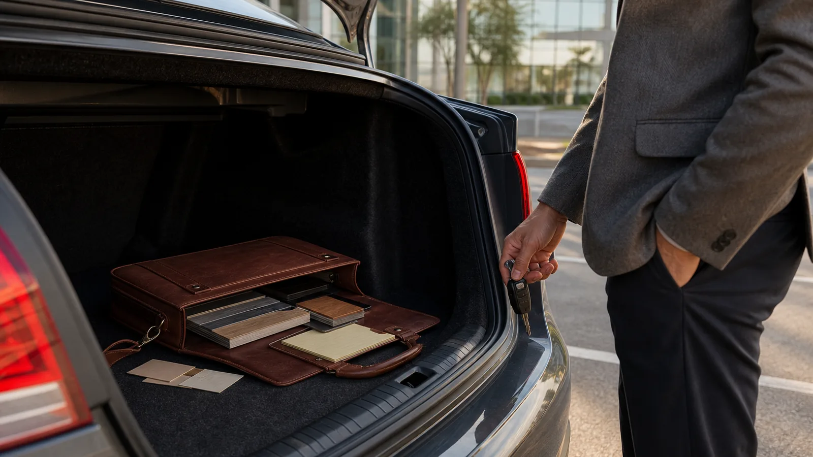 A sales rep's open briefcase on a car trunk, product samples arranged neatly inside, a notepad and business cards face-down beside it, suburban office park background.