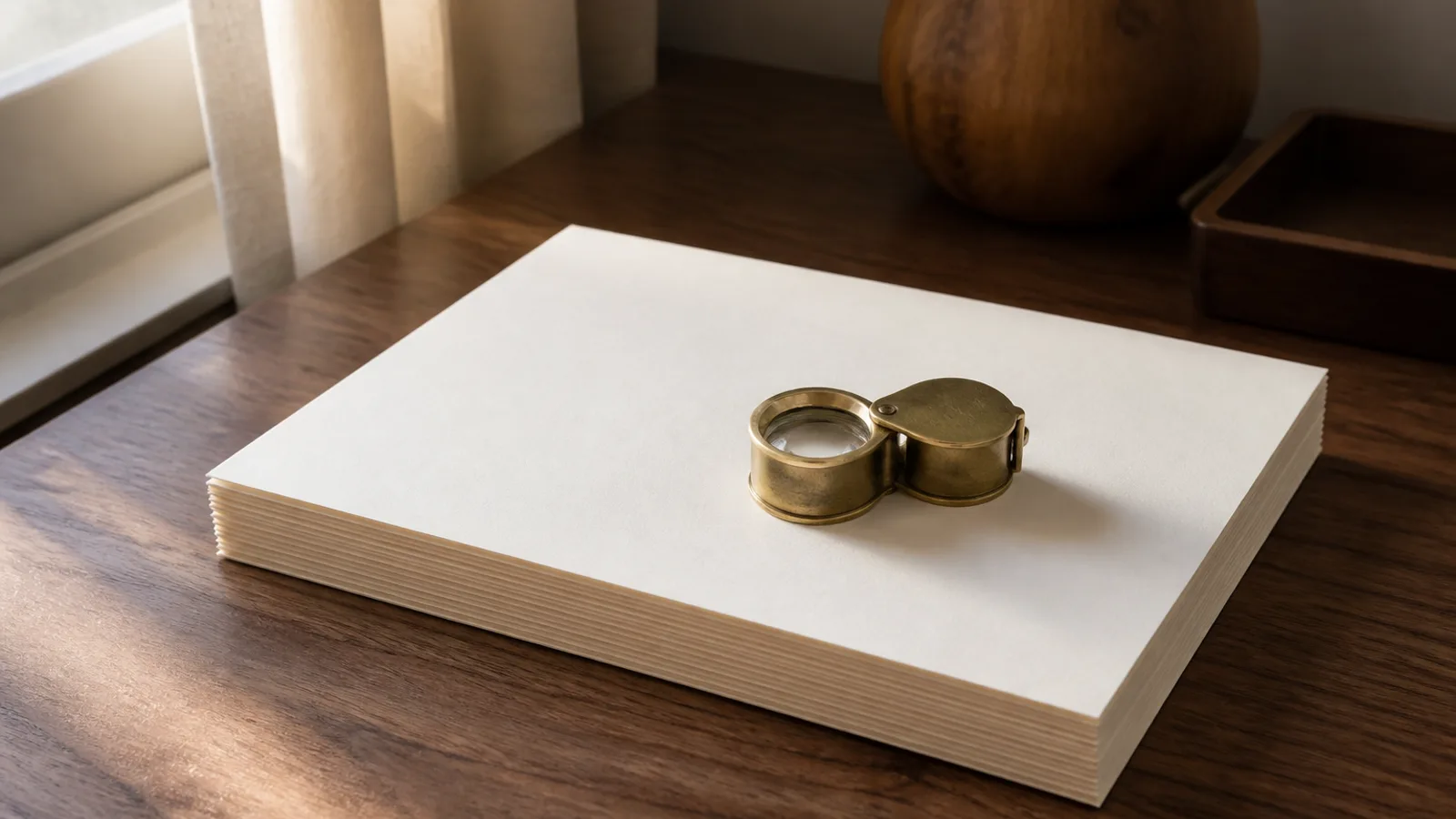 A brass jeweler’s loupe resting on a stack of blank cream paper on a walnut desk — inspection before the next keyword.