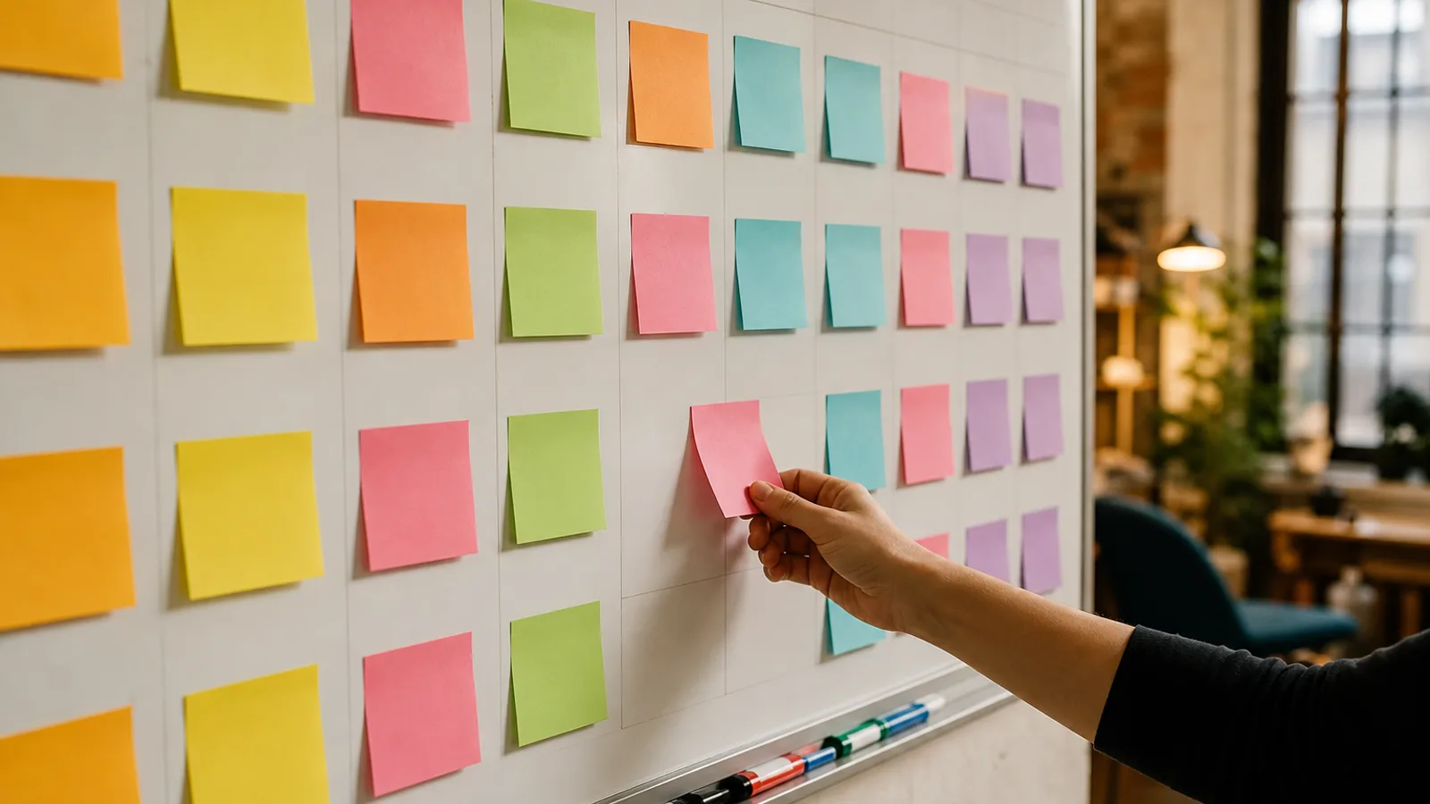 A content planning wall with a grid of blank sticky notes on a whiteboard, colorful markers spread below, a hand placing a new note.