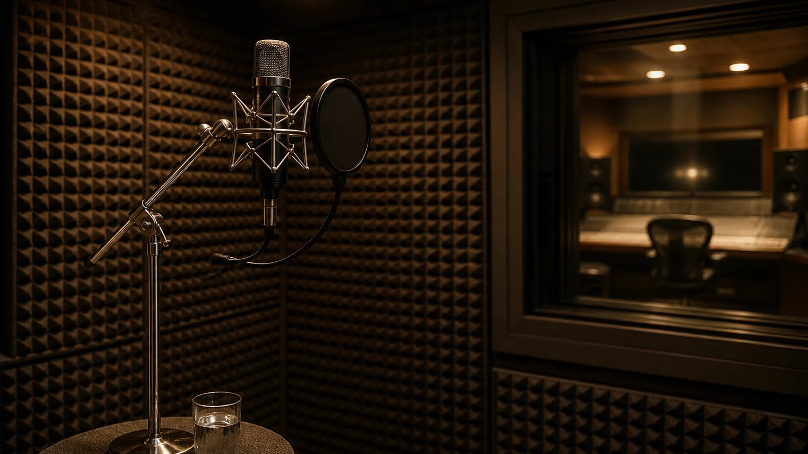 A professional broadcast microphone on a stand inside an acoustic recording booth, warm studio light, an empty producer's chair visible behind the glass.