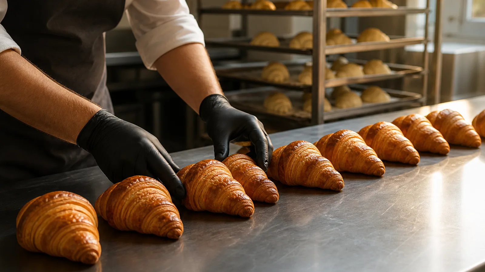 A small bakery production line with matching pastries moving through an organized staging area, a worker's hands adjusting spacing between items.
