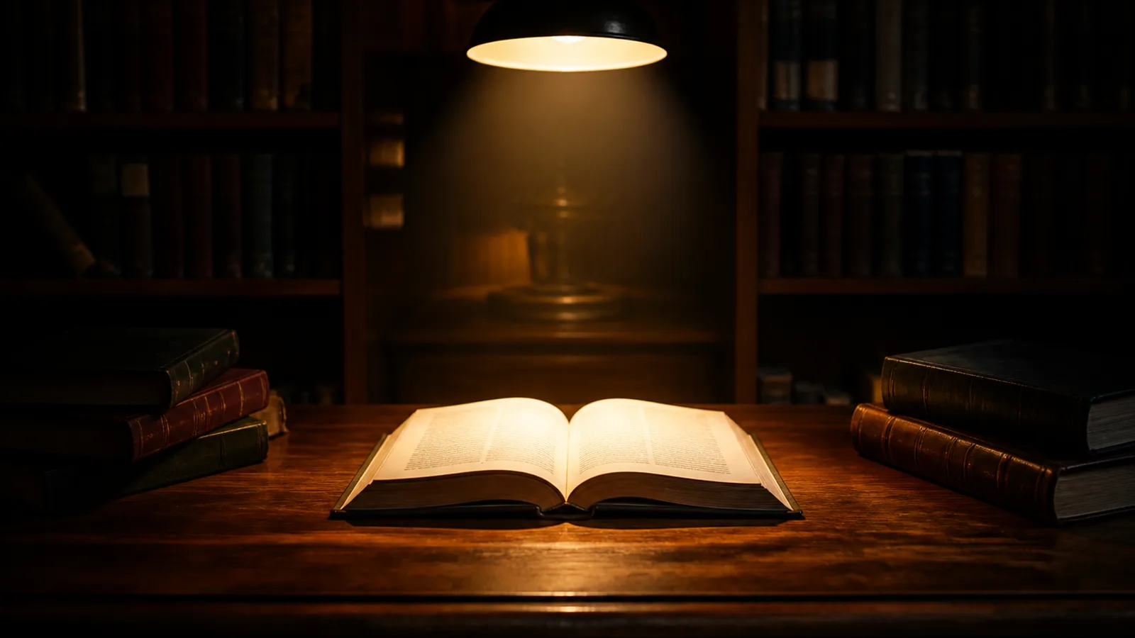 A single open book illuminated by a narrow beam of overhead light on a reading table, all surrounding books closed and in shadow, as if one source is being singled out as the answer.