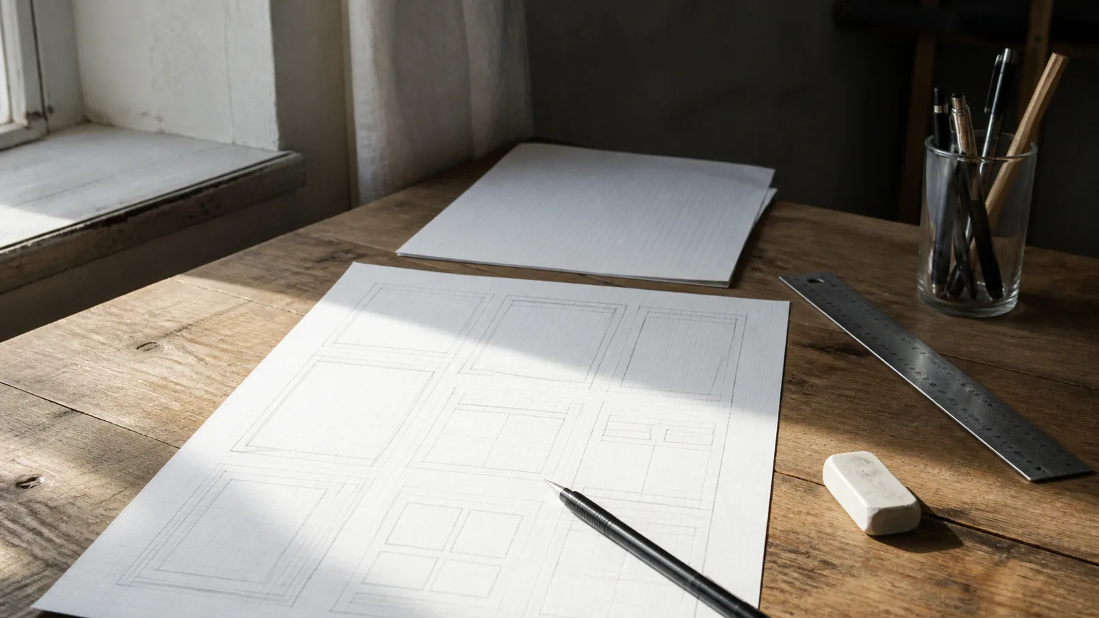 A designer's invoice face-down on a wood desk alongside wireframe sketches on graph paper and a cup of pens, natural window light.