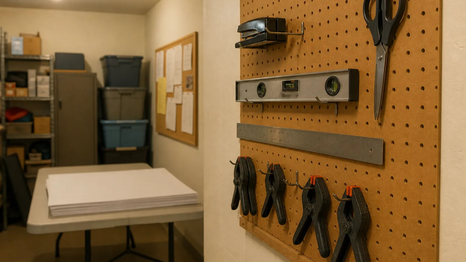 A well-organized pegboard tool wall in a modest nonprofit office, each hook holding a different hand tool, a community bulletin board blurred in the background.