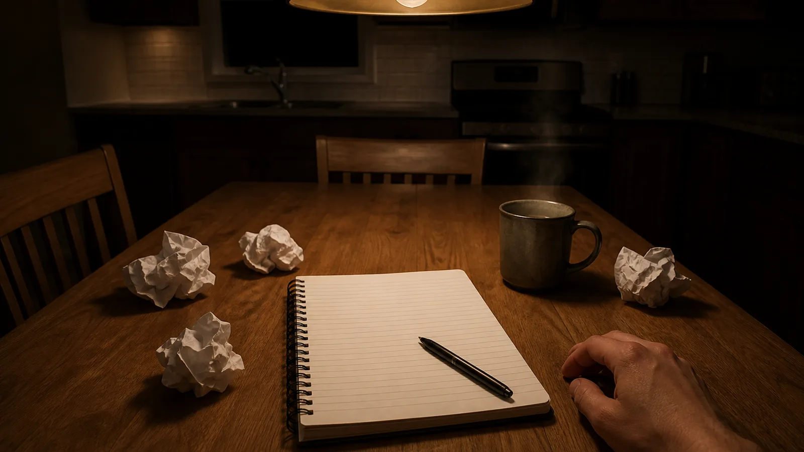 A small business owner at a kitchen table late at night, spiral notebook open with scrawled notes, a coffee mug steaming, a pen in hand.