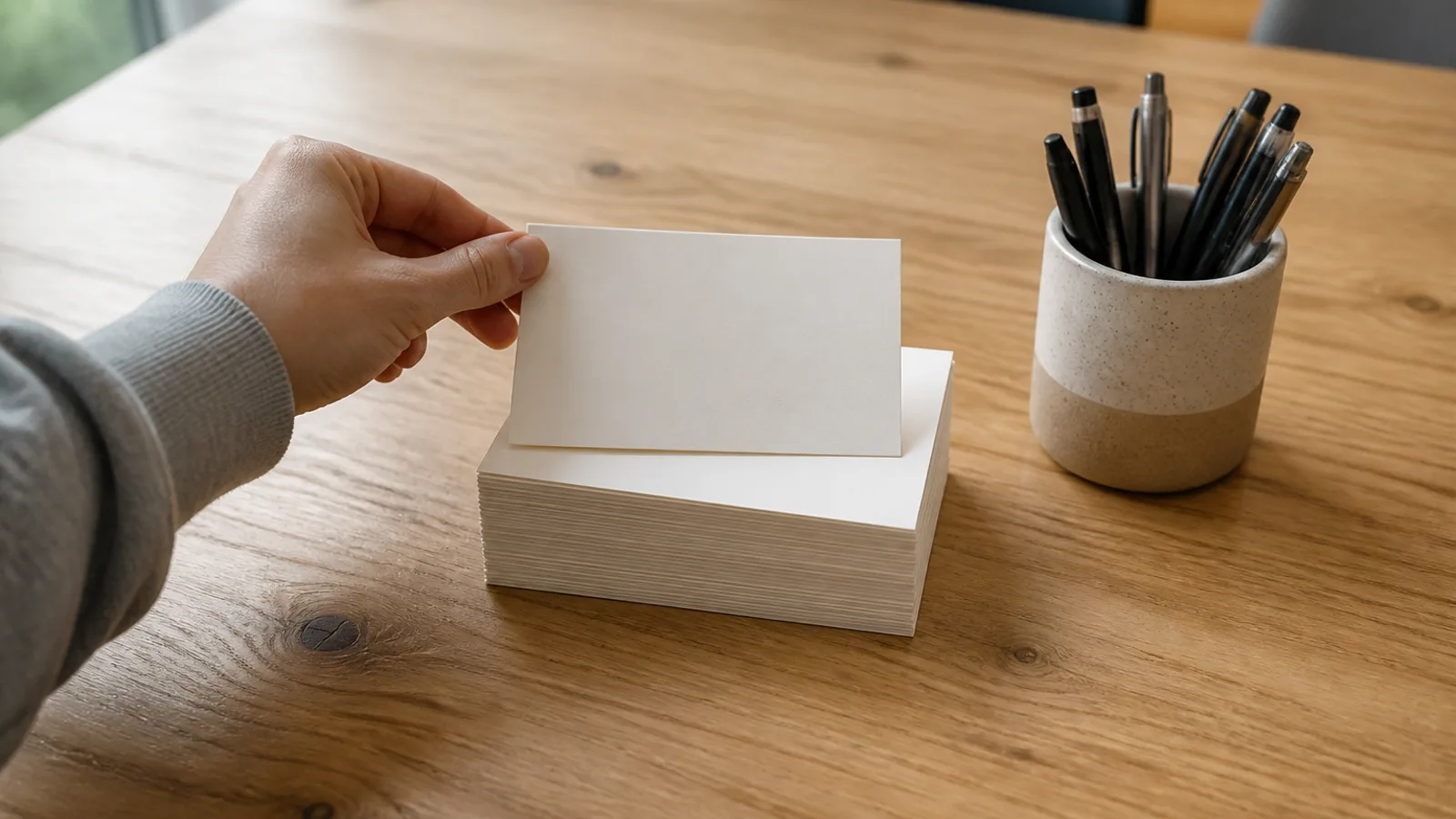 A neat stack of blank recipe-card-sized prompt cards on a community table, a hand picking up the top card which is turned blank-side up.
