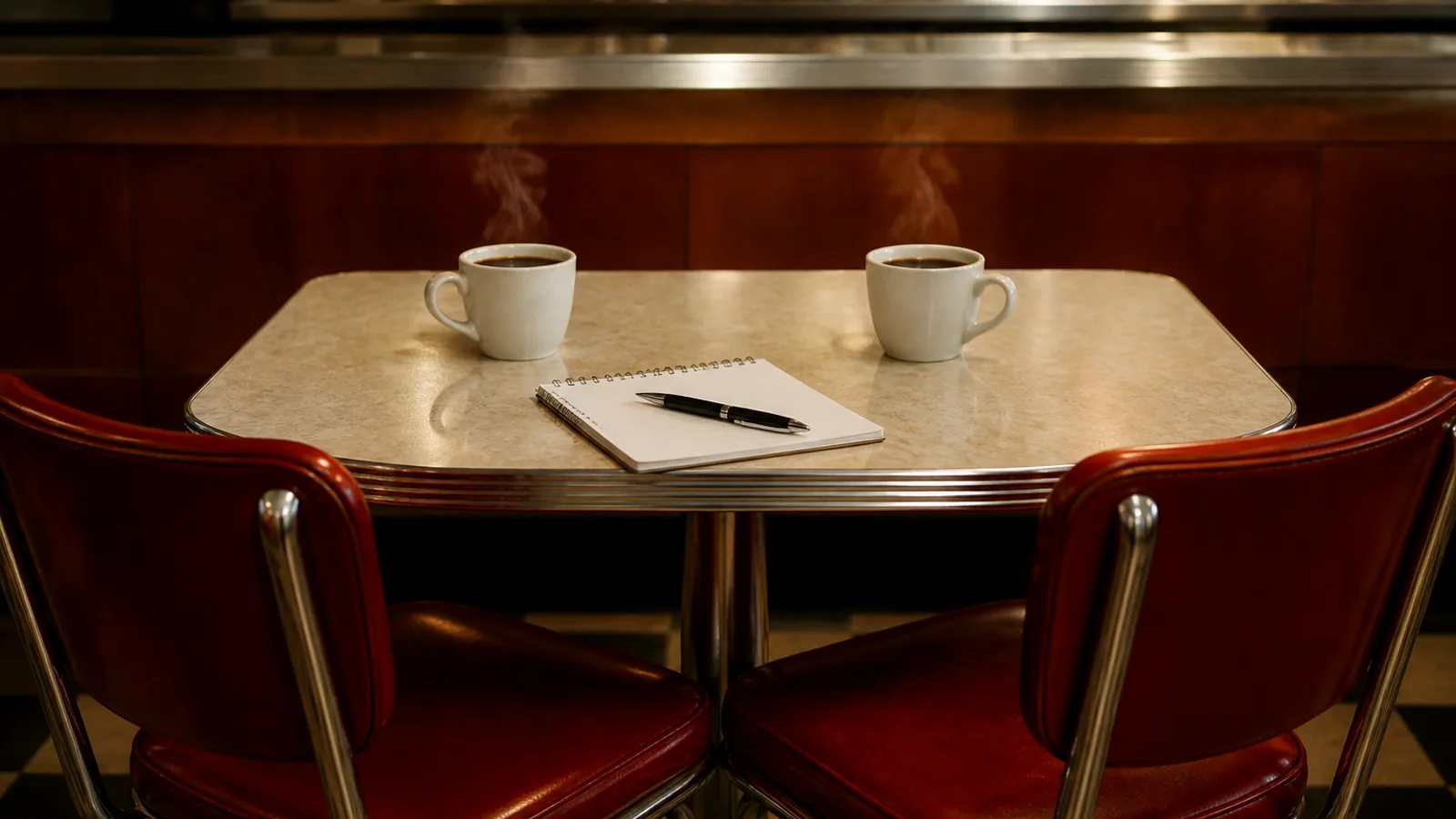 Two coffee cups side by side on a diner table with steam rising from both, a notepad between them and two chairs on either side.