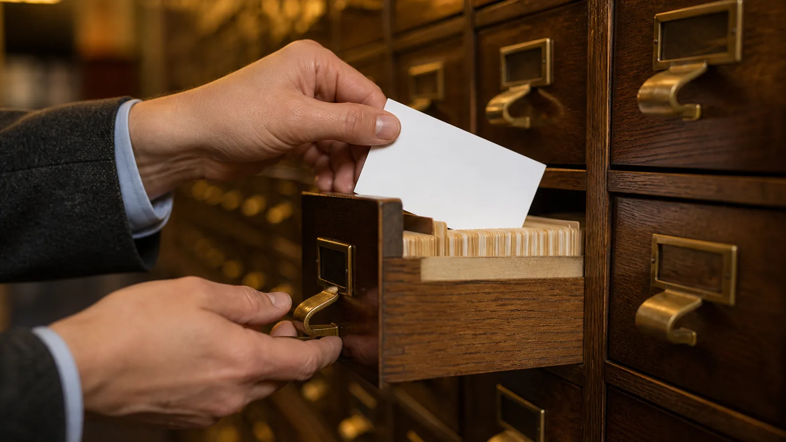 A reference librarian's hands filing a single index card into a wooden card catalog drawer, the card being precisely slotted among rows of other cards, warm amber library light overhead.