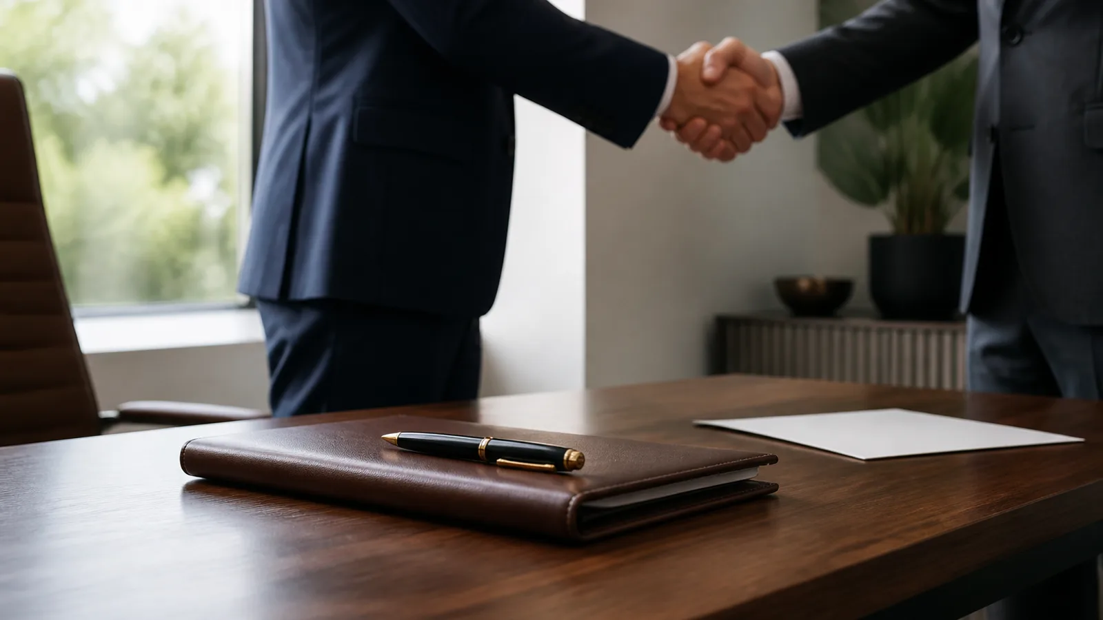 A consultant's clean desk with a leather portfolio, a pen, and a comparison sheet face-down, two people shaking hands in a blurred background.