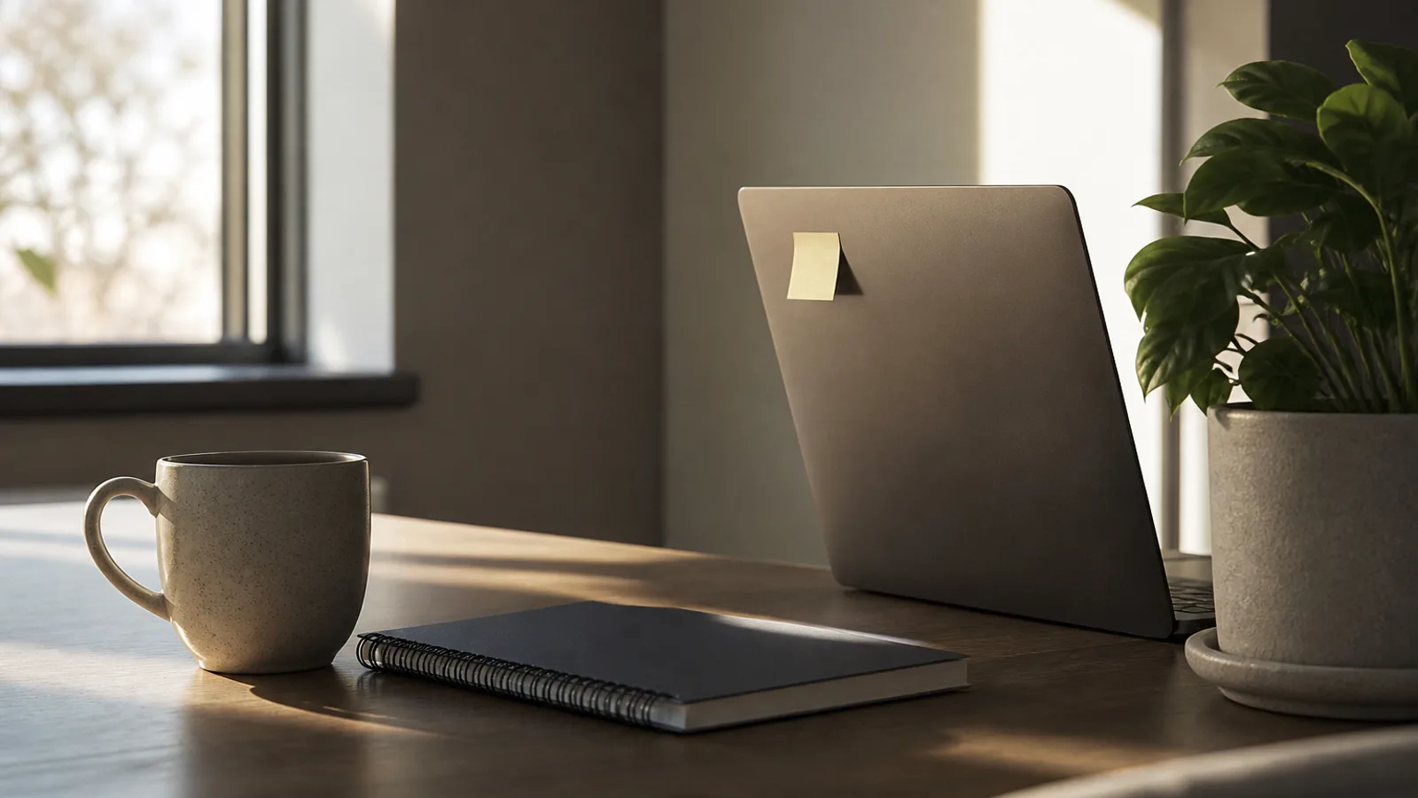 A small business owner's morning workstation with one sticky note on the monitor edge, a coffee mug, the screen facing away from camera.