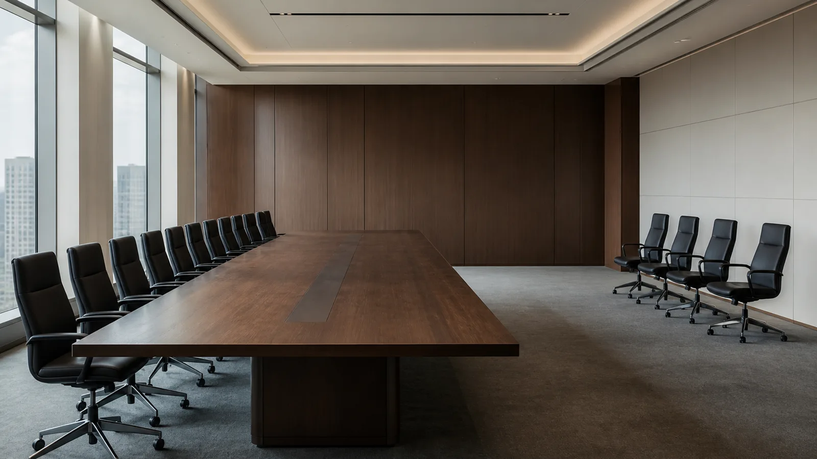 A long boardroom conference table with chairs, the last five chairs clearly separated from the rest by a visible gap, empty room, neutral daylight.