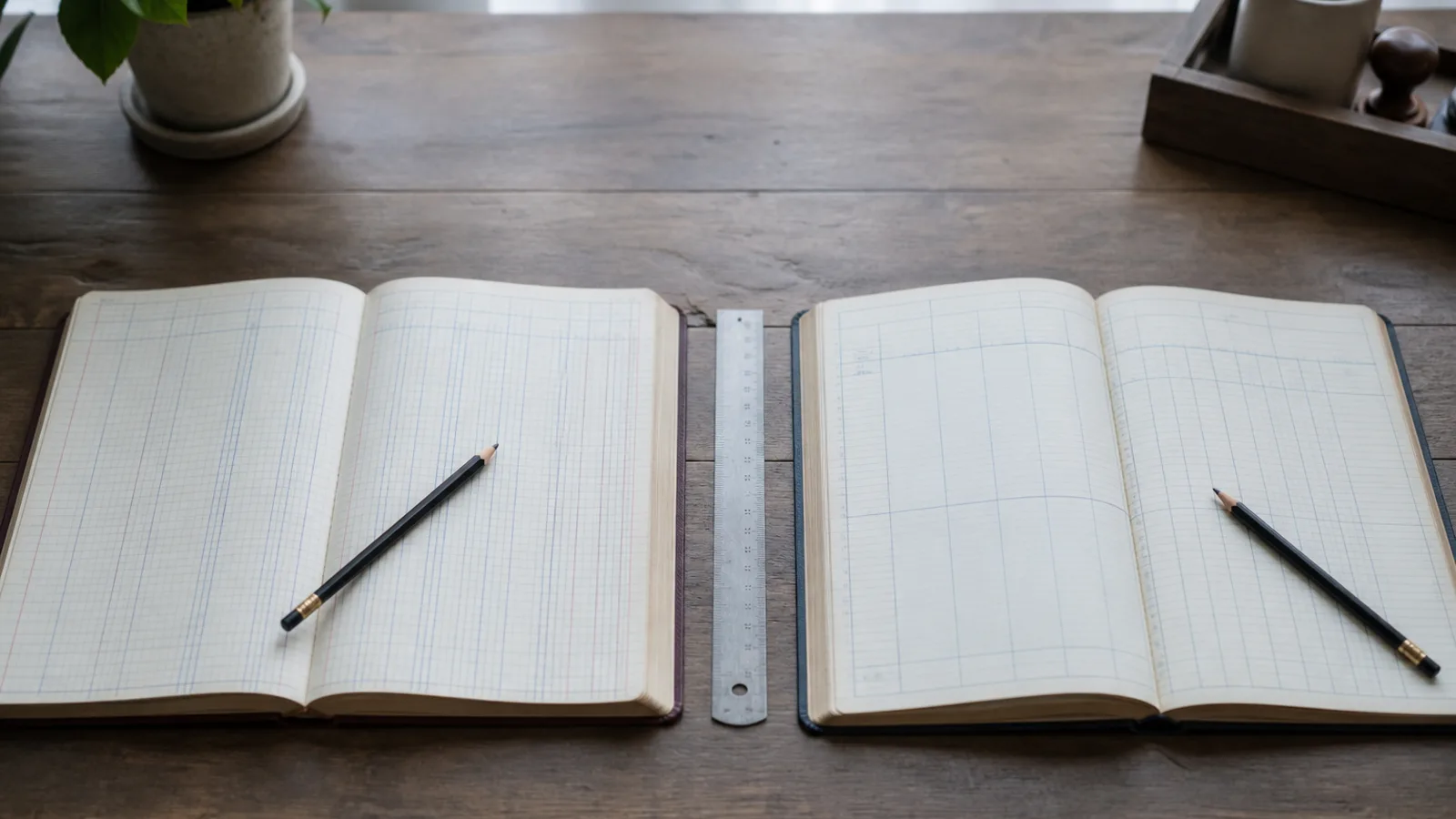 Two open ledger books side by side on a desk, each with different column structures, a ruler placed precisely between them as a divider.