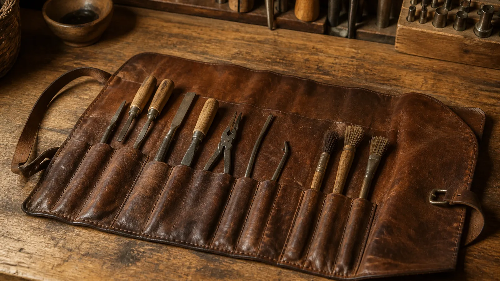 A craftsperson's leather tool roll spread open on a workbench, different tools organized in their slots, workshop light from above.