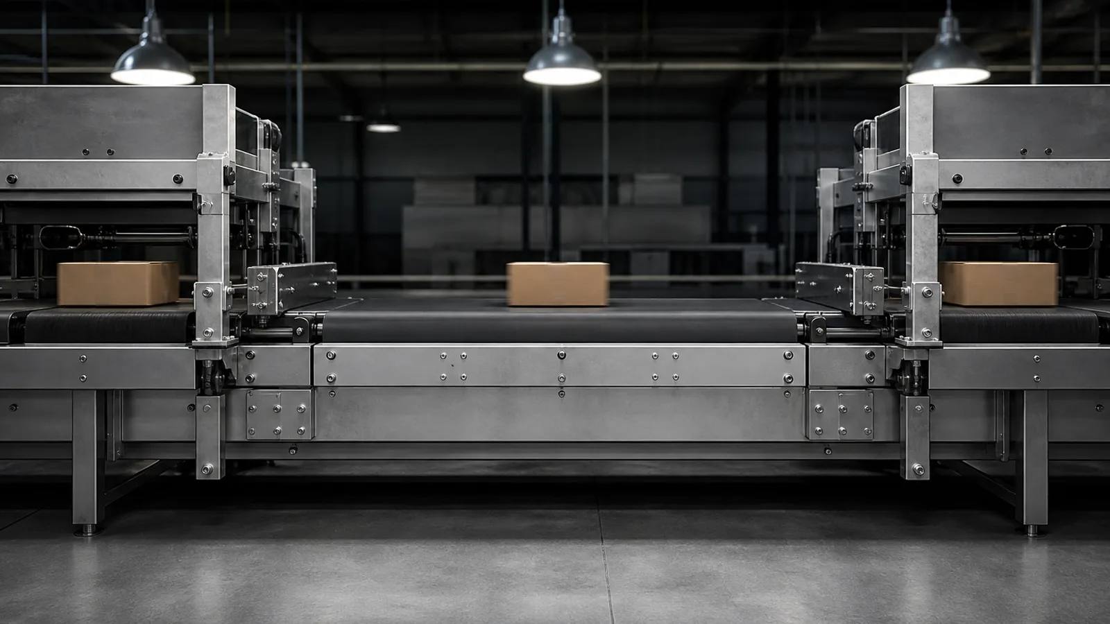 An industrial conveyor belt with a visible gap where one process station has been removed, items flowing directly to the next stage without it.