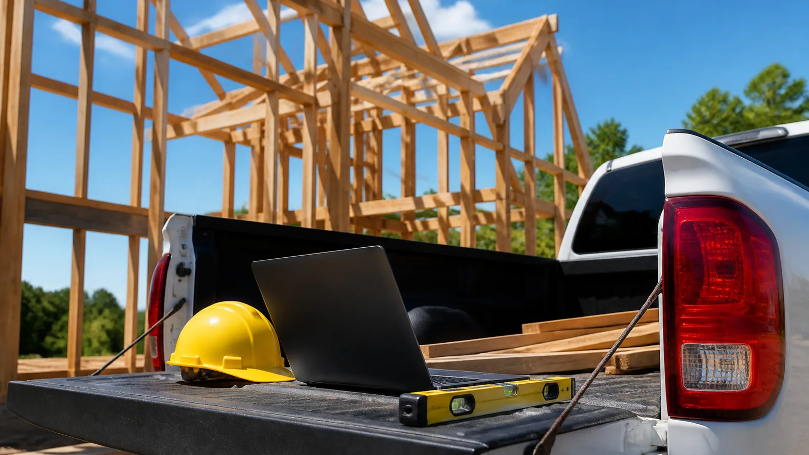 A contractor's work truck tailgate with an open laptop balanced on it screen-away, a hard hat and level resting beside it, active job site in the background.
